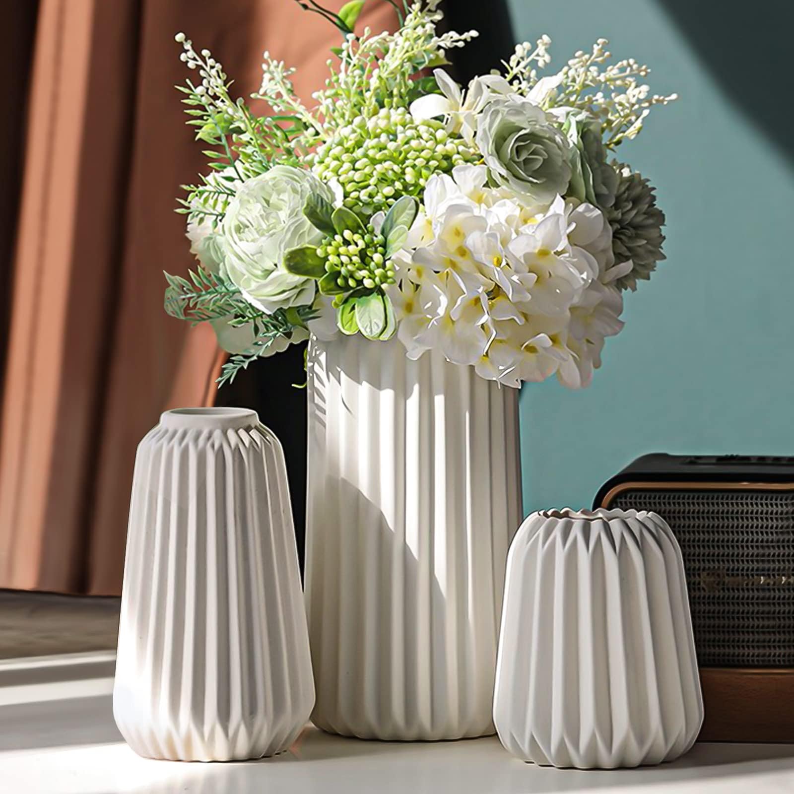 White Ceramic Vases Set of 3 - Modern Home Decor Flower Vases for Aesthetic Room, Boho Wedding Centerpiece | Perfect for Dining Table, Office Desk, Party Decor & Living Room Arrangements