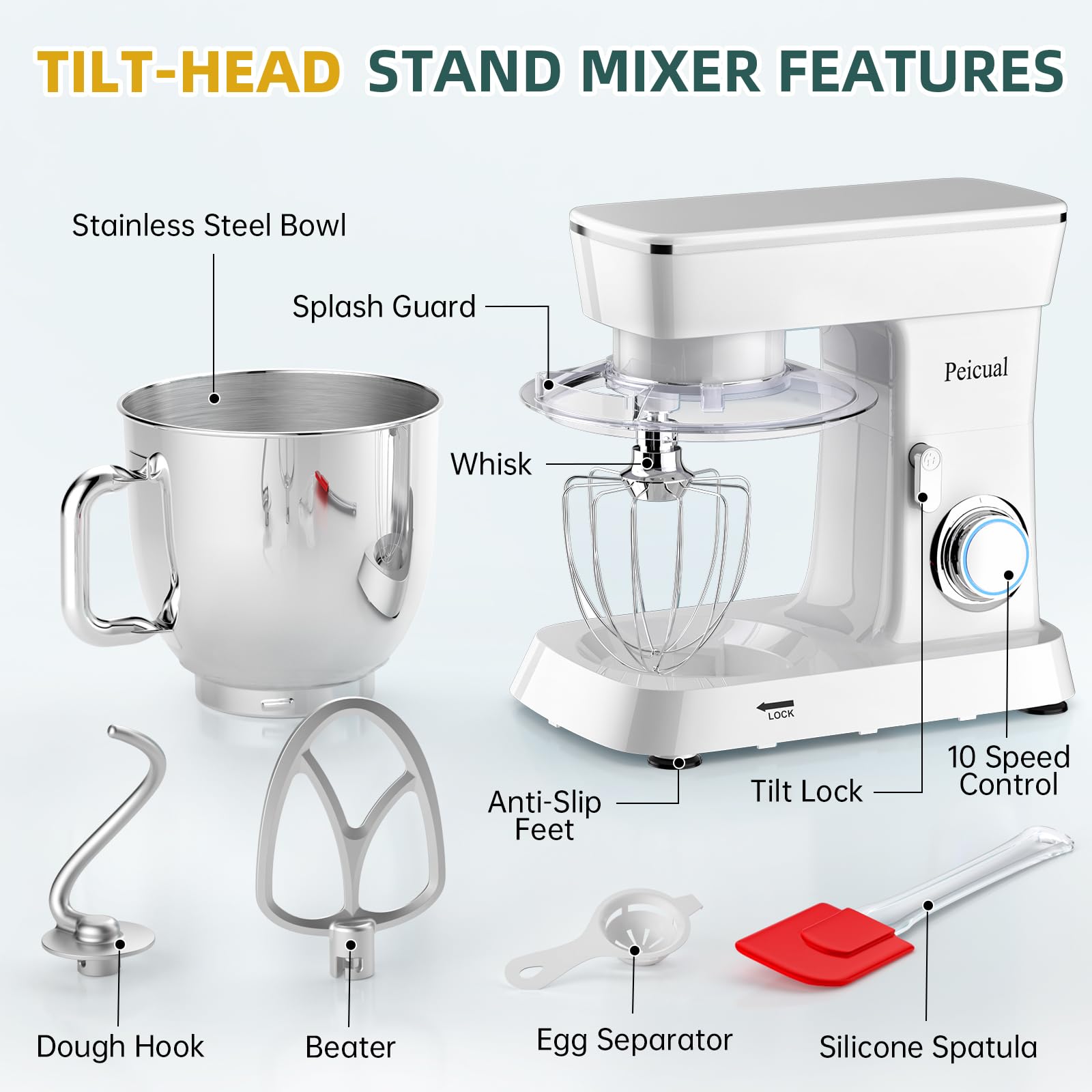 5.5QT Stand Mixer with 10+ Speeds - Tilt-Head Electric Kitchen Mixer with Stainless Steel Bowl, Dough Hook, Beater & Whisk - Perfect for Baking Cakes, Cookies & Bread Dough - White