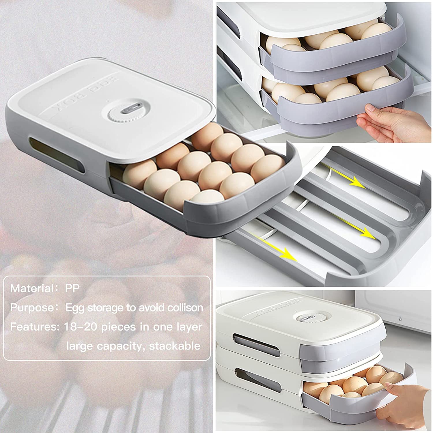 TGOPIT 18-20 Grid Plastic Egg Holder for Refrigerator - Drawer Style Egg Storage Container with Date Reminder - Fresh Egg Organizer Tray for Kitchen (White) - Perfect for Storing Eggs in Fridge, Pantry or Farmhouse Use