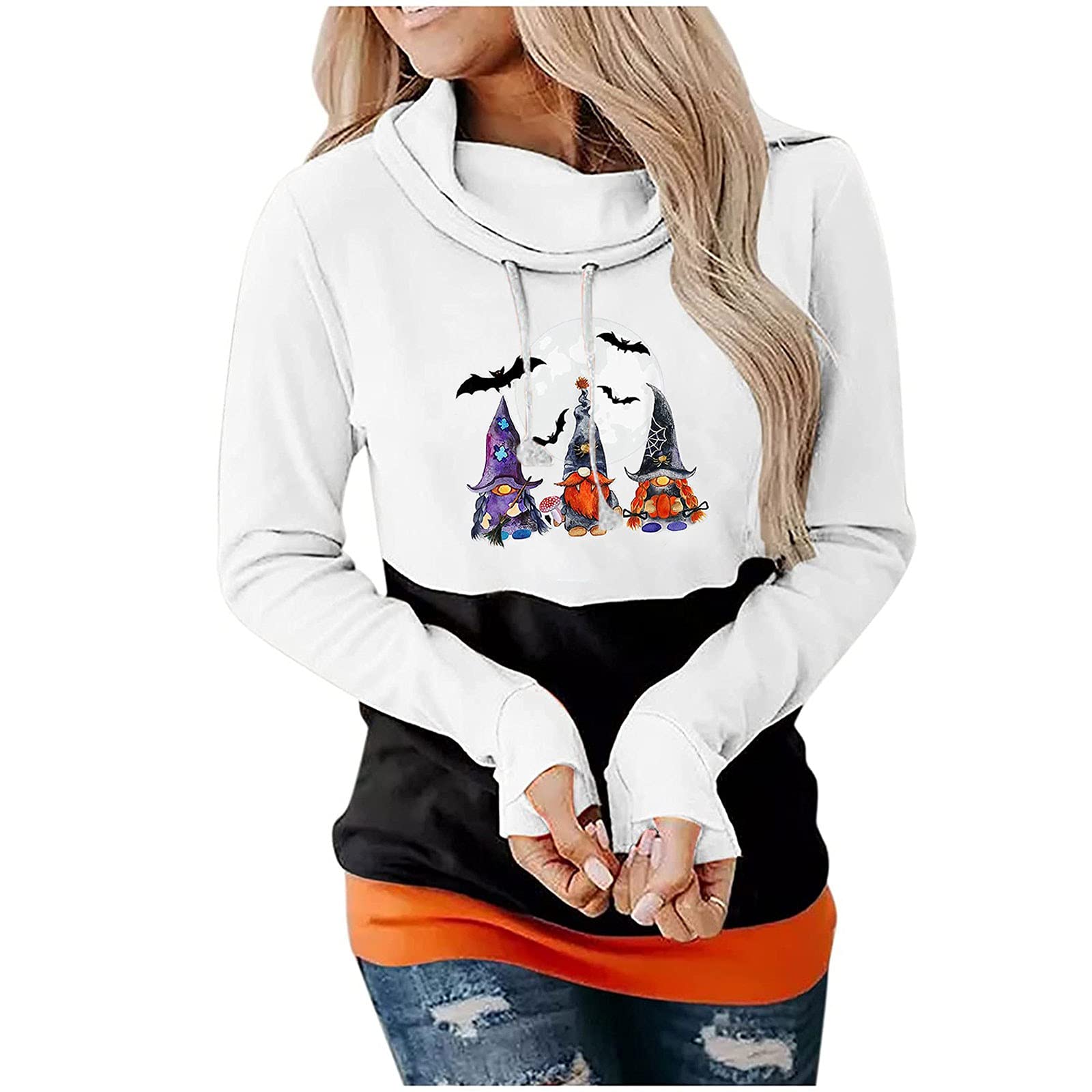 Trendy Halloween Costumes for Women - Long Sleeve Hooded Sweatshirt with Drawstring & Cute Graphic Print | Perfect for Halloween Parties, Cosplay & Workout Blouses
