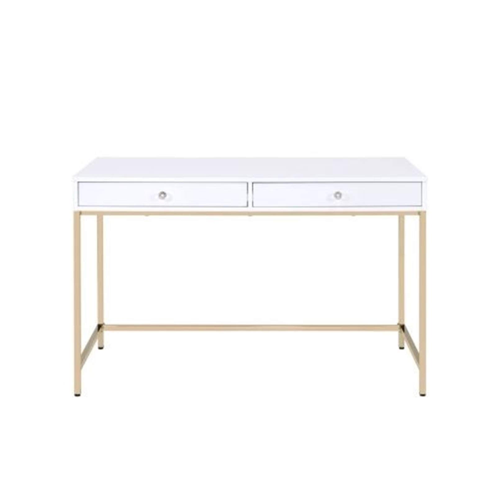 LQIAN White & Gold High Gloss Study Desk with Storage Shelves - Modern Home Office Desk for Small Spaces, Student Study & Workstation Organization