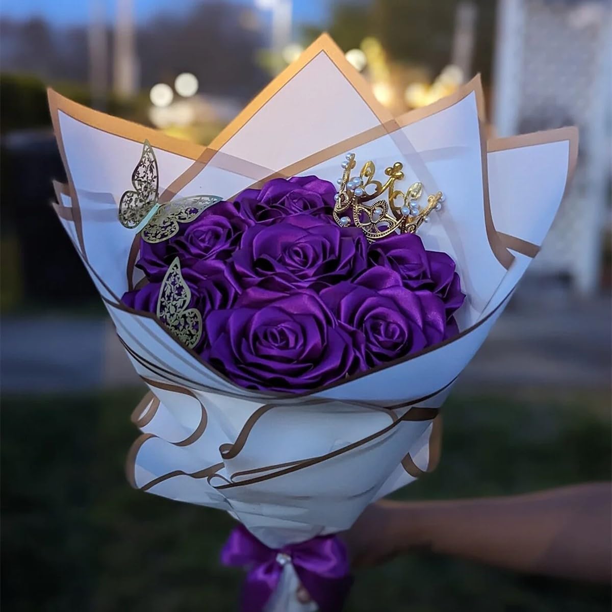 DIY Eternal Blue Ribbon Rose Bouquet - Handmade Artificial Silk Flowers for Valentine's Day, Anniversary & Wedding - Romantic Gift for Girlfriend, Wife, Mother - Perfect for Home Decor, Table Centerpieces & Special Occasions (16 Roses)