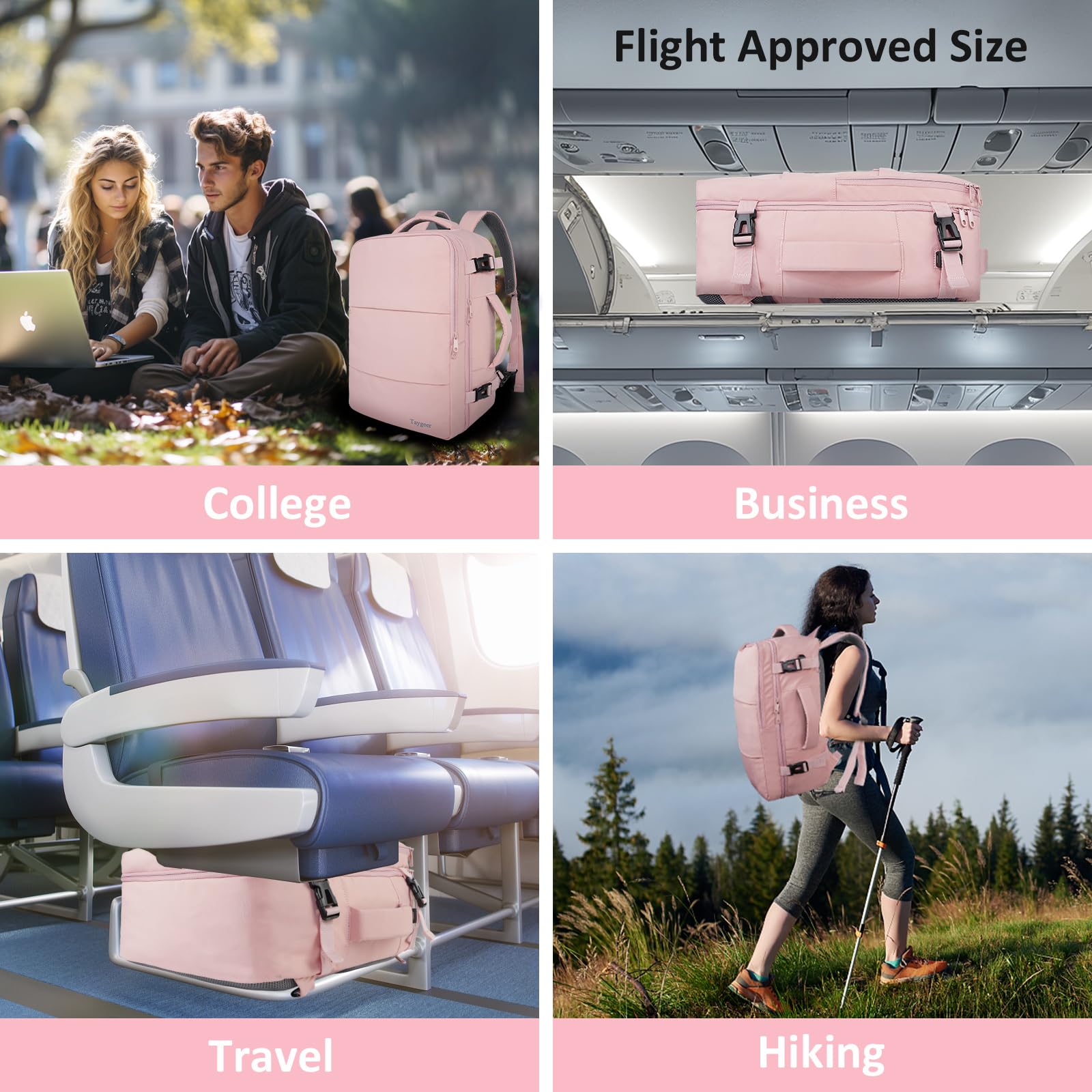 Taygeer Large Travel Laptop Backpack for Women - 17.3 Inch TSA Friendly 40L Carry On Mochila, Stylish Pink Daypack for Office Work, Business Travel Essentials, Perfect for Commuting and Weekend Getaways