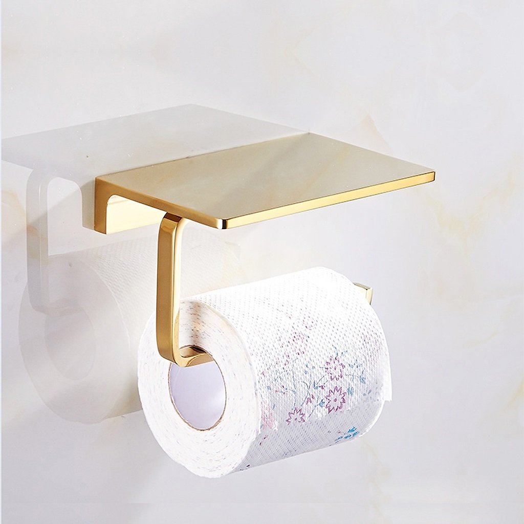 Modern Gold Toilet Paper Holder Wall Mounted - Brass Bathroom Tissue TP Holder with Phone Shelf & Storage - Mirror Finish (1 Roll) - Perfect for Bathroom, Lavatory & Powder Room Organization