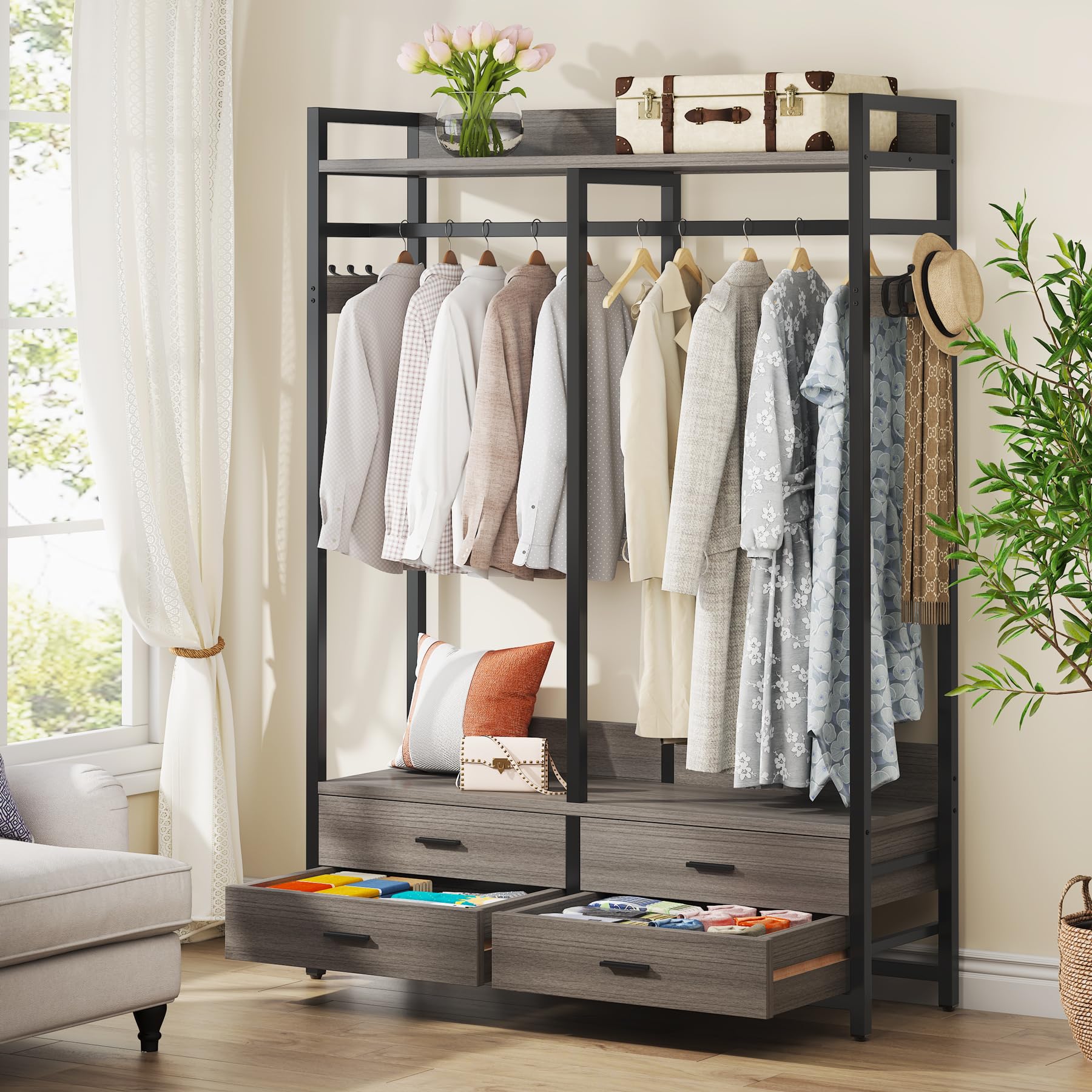 Tribesigns Heavy Duty Freestanding Closet Organizer - 4 Drawers, 8 Hooks & Storage Shelves Garment Rack for Hanging Clothes | Wardrobe Storage Solution for Bedroom, Living Room & Walk-In Closets | Space-Saving Grey Clothing Rack for Home Organization