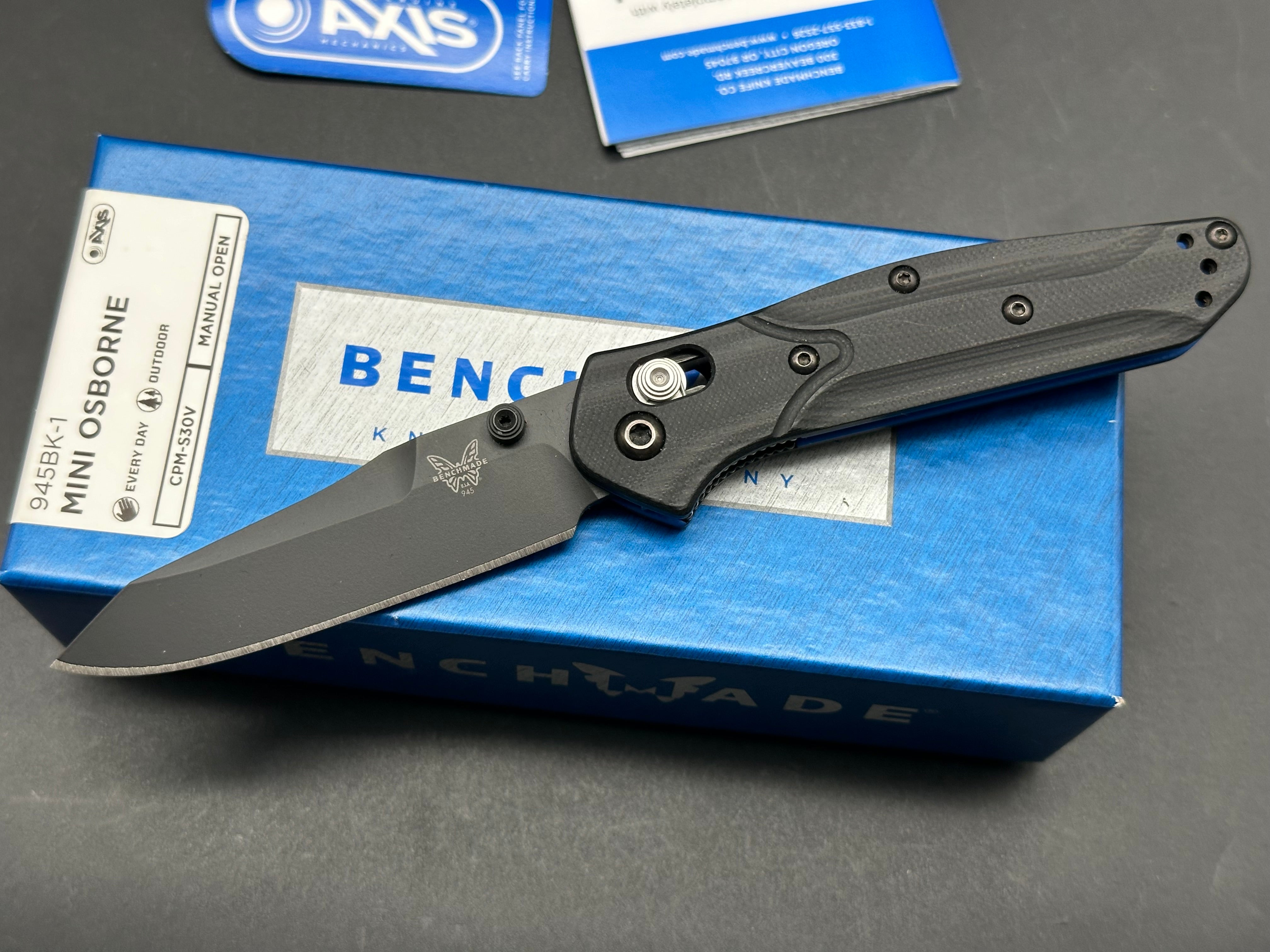 Benchmade 945BK-1 Mini Osborne AXIS Lock Folding Knife - Black G10 Handle, 2.9
