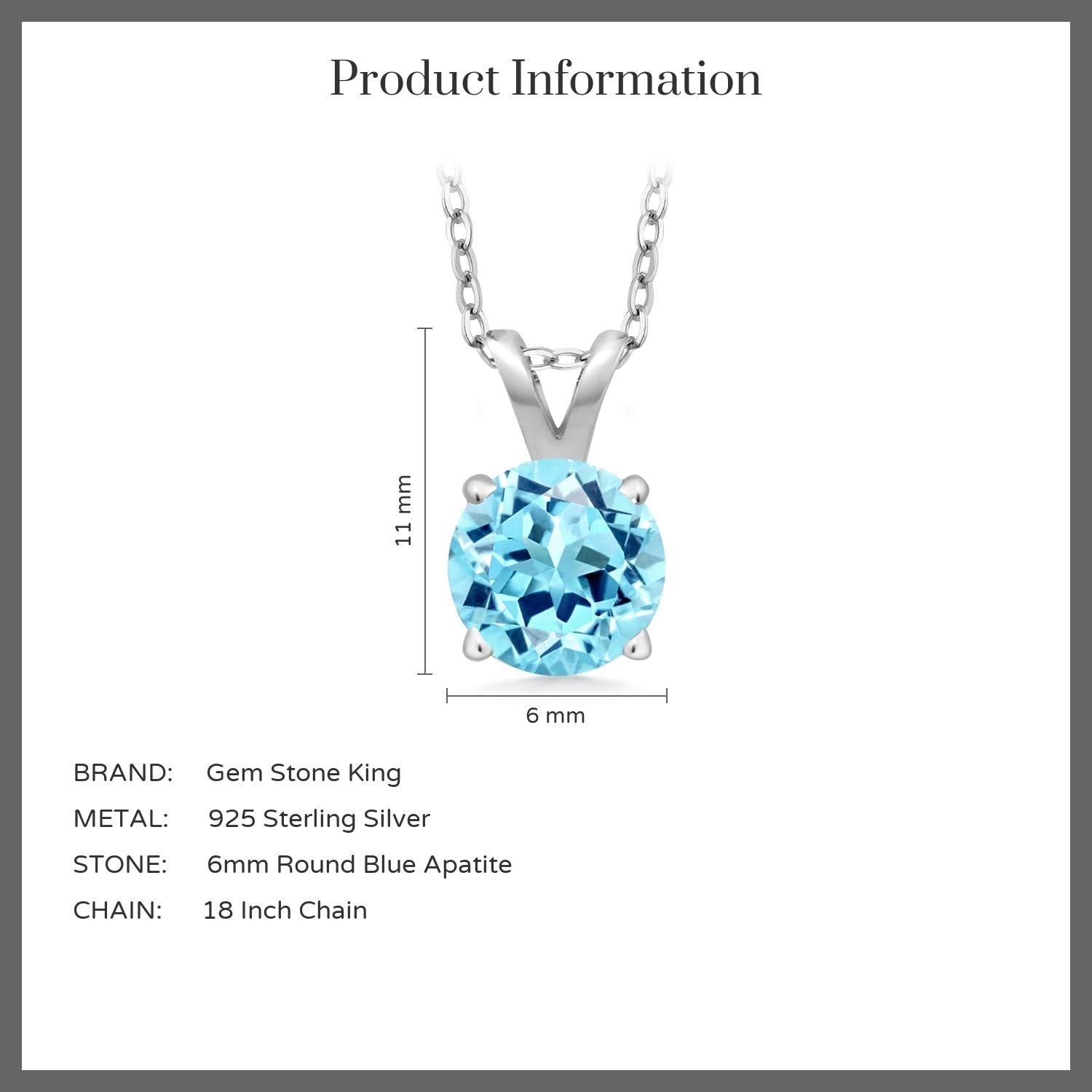 Gem Stone King 925 Sterling Silver 6MM Round Birthstone Solitaire Pendant Necklace for Women - 4-Prong Setting with 18 Inch Silver Chain | Perfect Gift for Birthday, Anniversary & Mother's Day