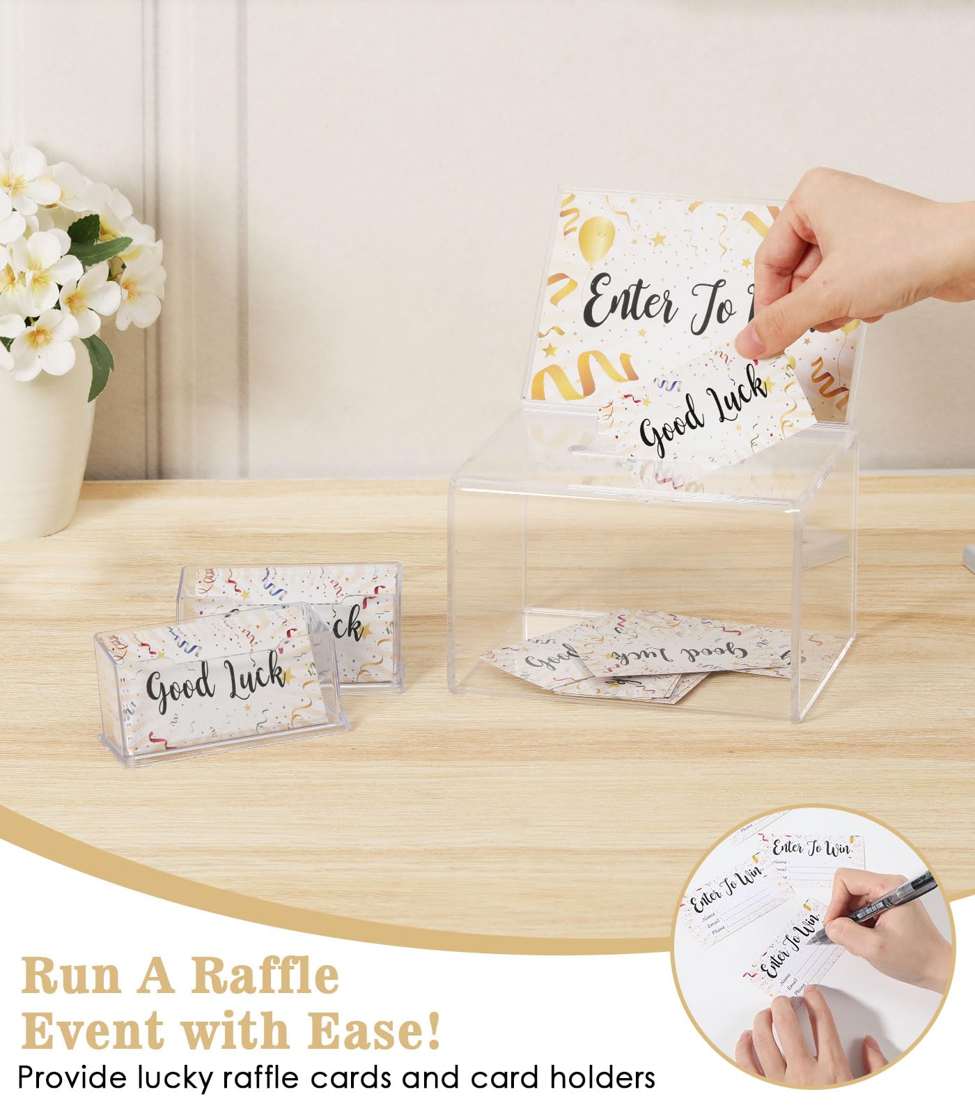 MoKo Lockable Raffle Box with Sign Holder & 100 Cards - Secure Ballot Box for Voting, Party Drawings & Fundraising Events - Includes Detachable Lighted Tip Jar for Bars, Restaurants & Charity Functions
