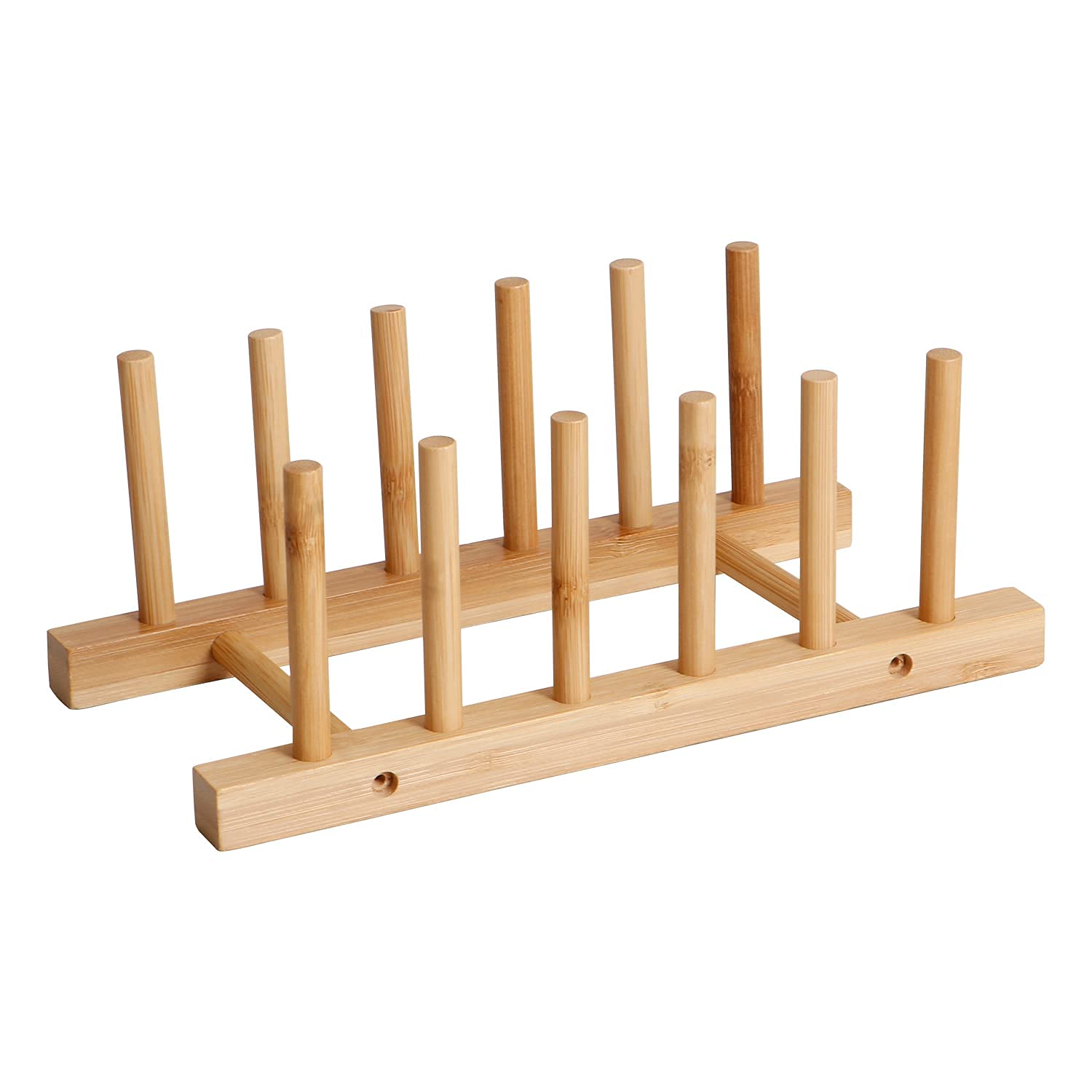HOKIPO Bamboo Wooden Plate Stand Rack - Kitchen Cabinet Organizer, Dish Drying Rack & Dinner Plate Holder for Storage (Set of 2) - Perfect for Pantry, Dining Room, and Small Space Organization