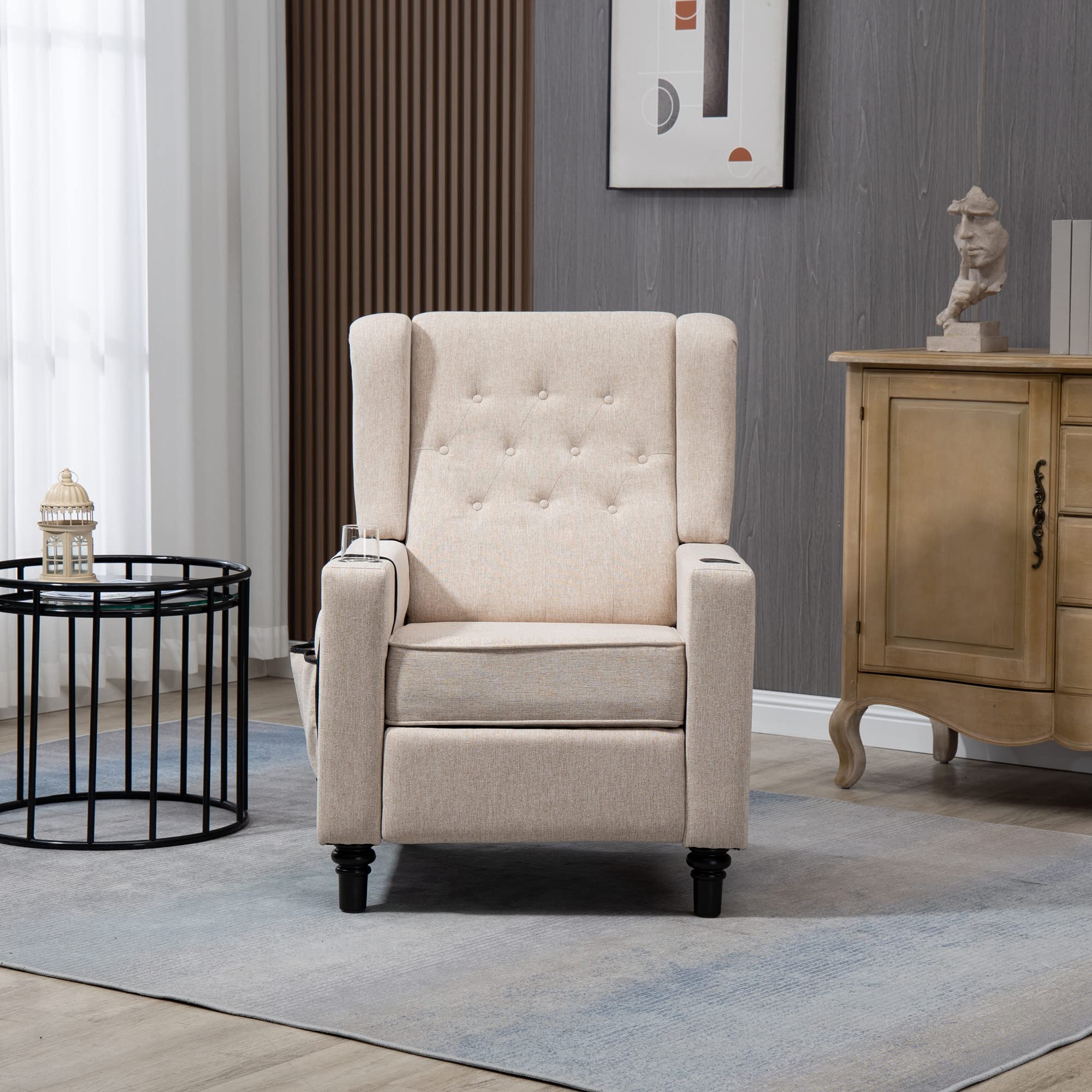 Modern Push Back Recliner Chair with Storage Pockets & USB Charging - Adjustable Tufted Wingback Recliner with Footrest for Living Room, Office & Home Theater - Comfortable Fabric Lounge Chair in Khaki