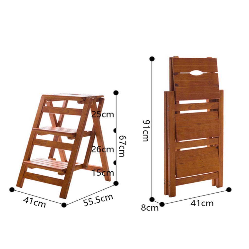Natural Wood Folding Step Stool with Ladder - 3 Step Portable Stool Chair, Bookshelf, Home Library - 150kg Weight Capacity, Walnut Color - Perfect for Kitchen, Bathroom, Garage & Home Organization