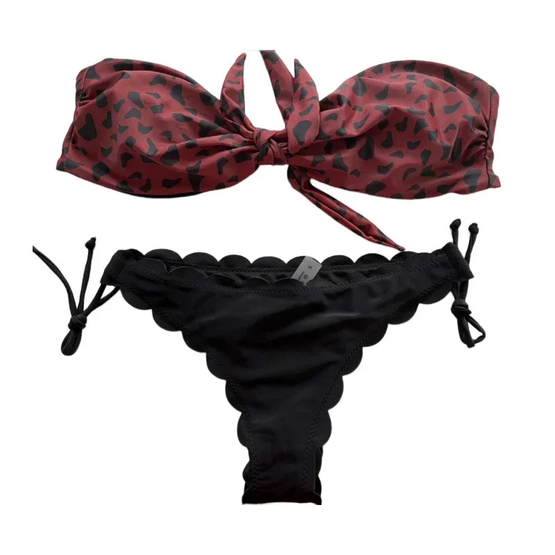 Sexy Leopard Print Bikini Set for Women - Strapless Push Up Swimsuit with Front Lace Up & Ruffled Bow Details - Thong Swimwear for Beach Vacation & Pool Party