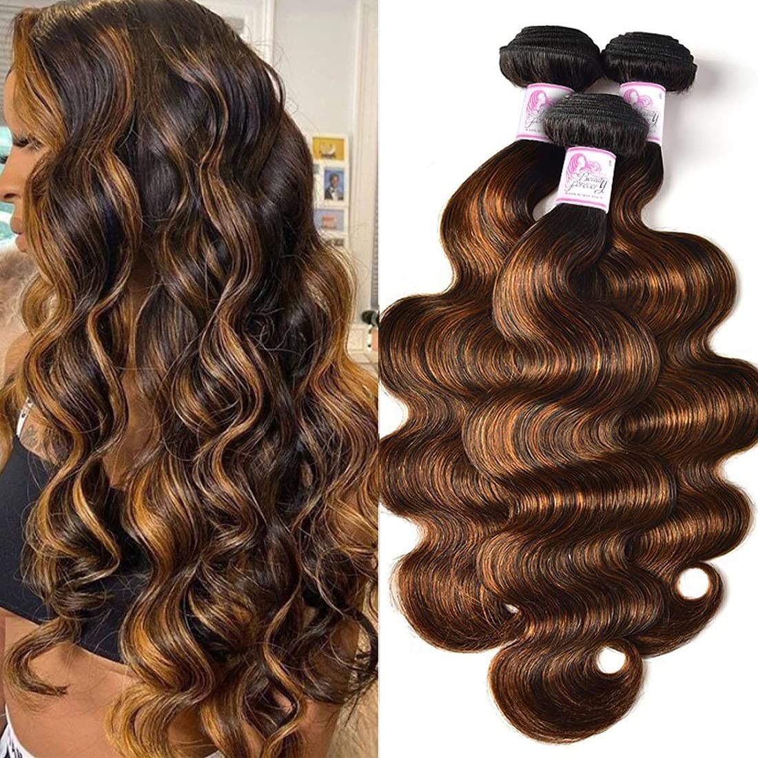 Beauty Forever Ombre Highlight Brazilian Body Wave Virgin Hair 3 Bundles (12/14/16 Inch) - Ombre Blonde Remy Human Hair Wavy Weave Extensions Color FB30 - Perfect for Daily Styling, Parties & Special Occasions