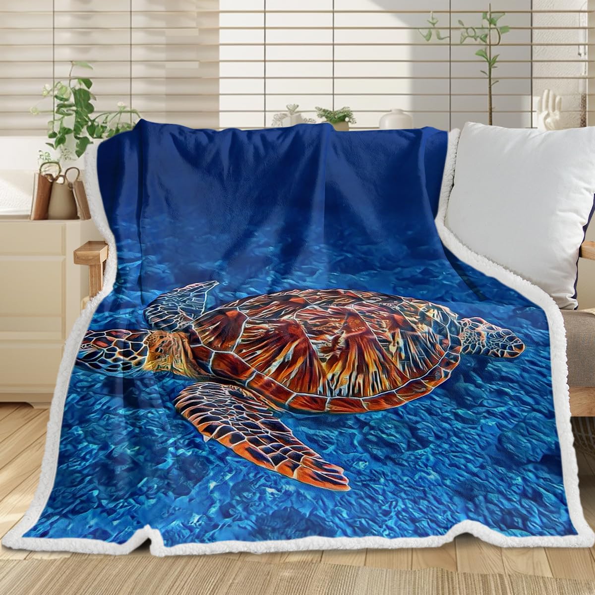 Soft Plush Turtle Sherpa Blanket for Adults & Kids - Cozy Blue Sea Turtle Throw Blanket, Twin Size 60x80 Inches - Perfect for Bed, Couch, Beach & Gifts for Turtle Lovers