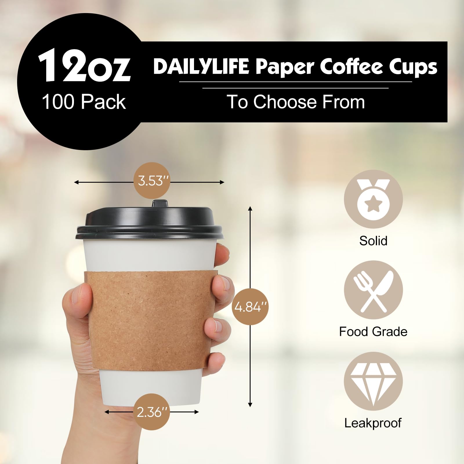 Premium 12oz Disposable Coffee Cups with Lids & Sleeves - 100 Pack Thickened Leak-Proof Paper Cups for Hot Drinks - Ideal for Home, Office, Parties & Travel - Perfect for Morning Coffee, Office Breaks & On-the-Go Lifestyles