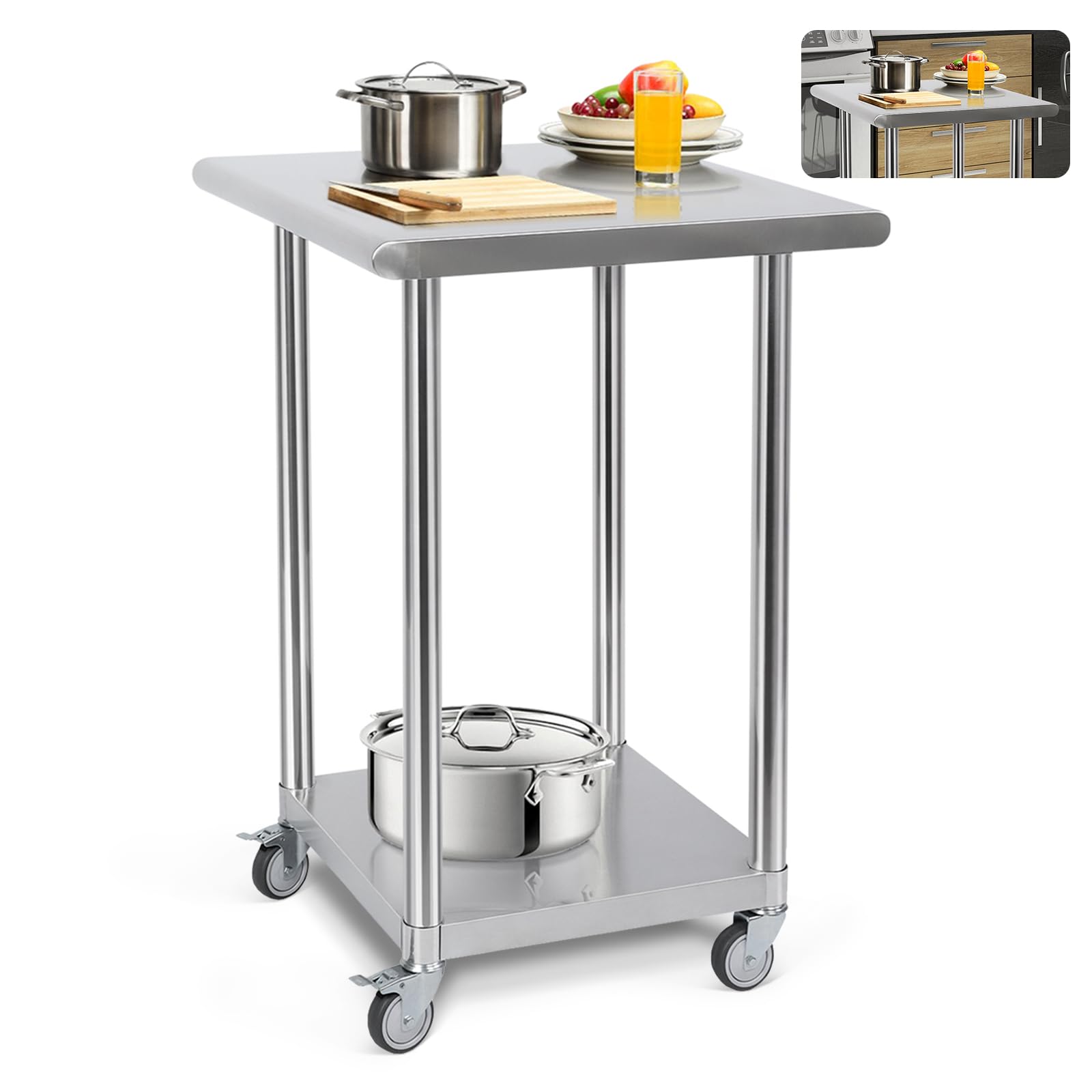 Heavy Duty Stainless Steel Work Table 24x36 Inches with 4 Locking Wheels & Adjustable Shelves - NSF Certified Commercial Kitchen Table for Restaurant, Home, Hotel - Perfect for Food Prep, Catering & Storage