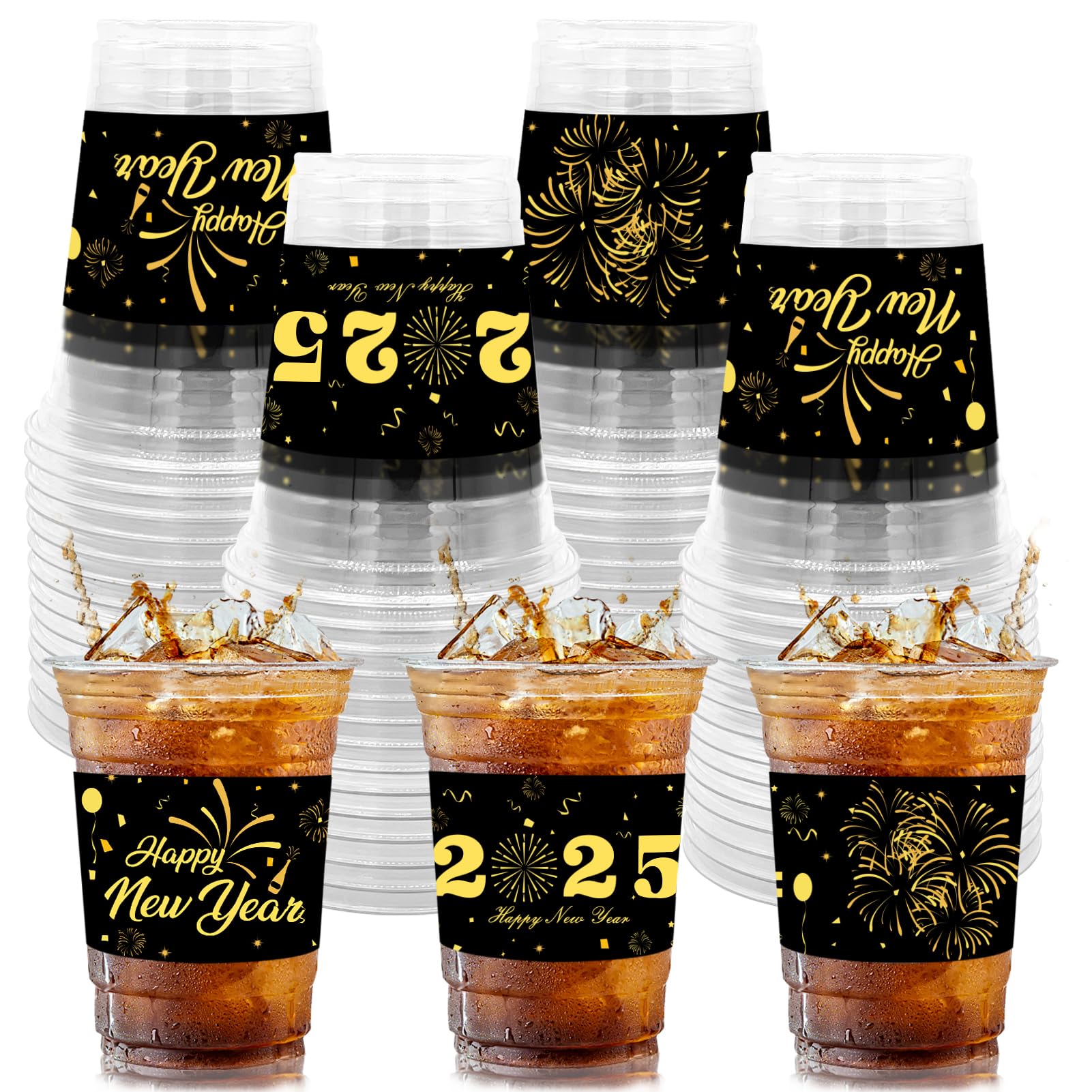 50 Count 2025 Happy New Year Party Cups - 12 oz Clear Plastic Disposable Cups for New Year's Eve Celebrations, Holiday Parties, Beer, Cocktails, Beverages & Ice Cream - Perfect for Countdown Events, Home Decorations & Office Celebrations