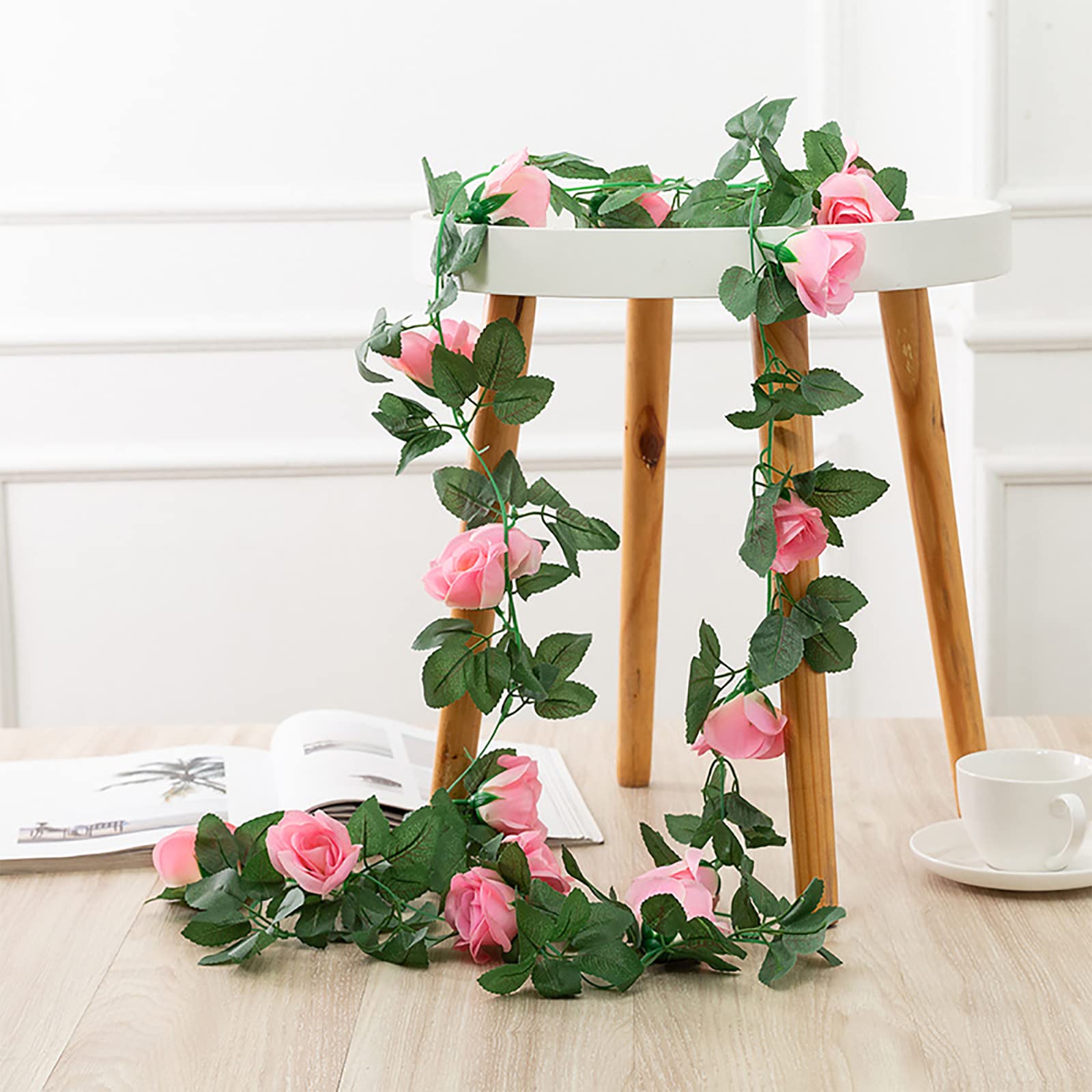 Artificial Rose Vine Garland - 7.5 Ft Pink Fake Flower Hanging Decor with Leaves for Wedding Backdrop, Garden Arch, Home Craft & Wall Decoration | Perfect for Party, Boho Room, Nursery & Outdoor Events