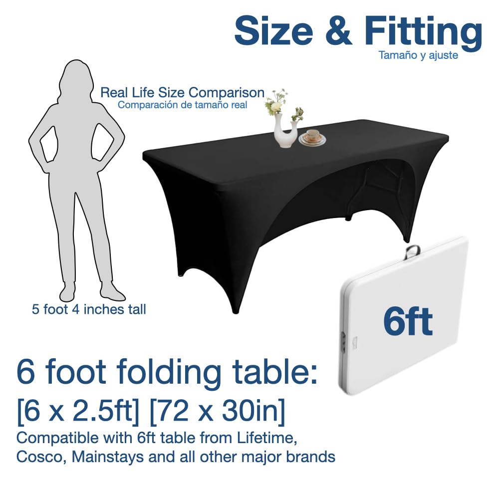 Stretchable Tablecloth for 6ft Rectangle Tables - Heavy-Duty Wrinkle-Resistant Spandex - Black - Perfect for Parties & Events
