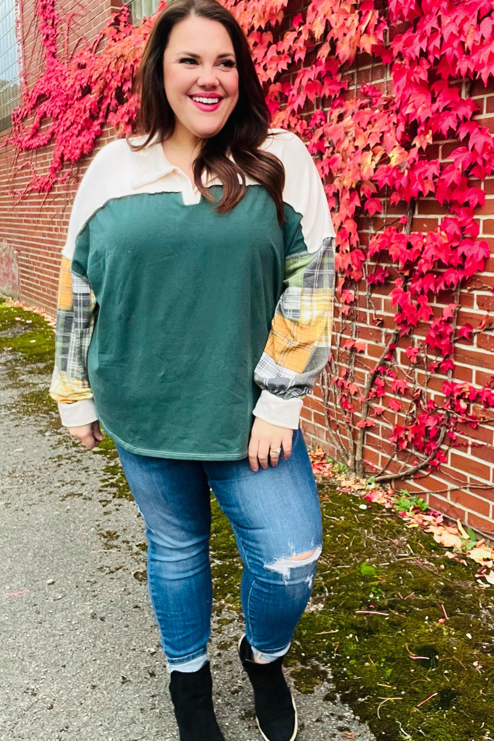 Fall For You Hunter Green Plaid Color Block Collared Terry Top - Women's Fashion Long Sleeve Shirt for Autumn Outfits, Casual Wear & Layering