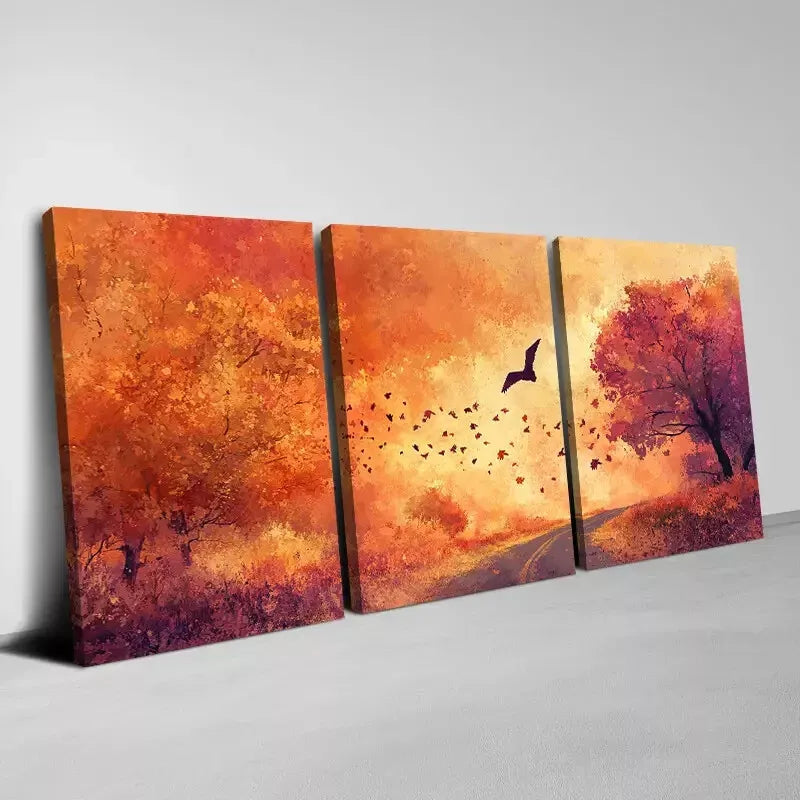 3-Piece Vibrant Autumn Path, Trees & Bats Wall Art Set - Framed Canvas 40x60cm - High Quality Print - 100% Australian Made - Ready to Hang - Perfect for Living Room, Bedroom & Office Decor