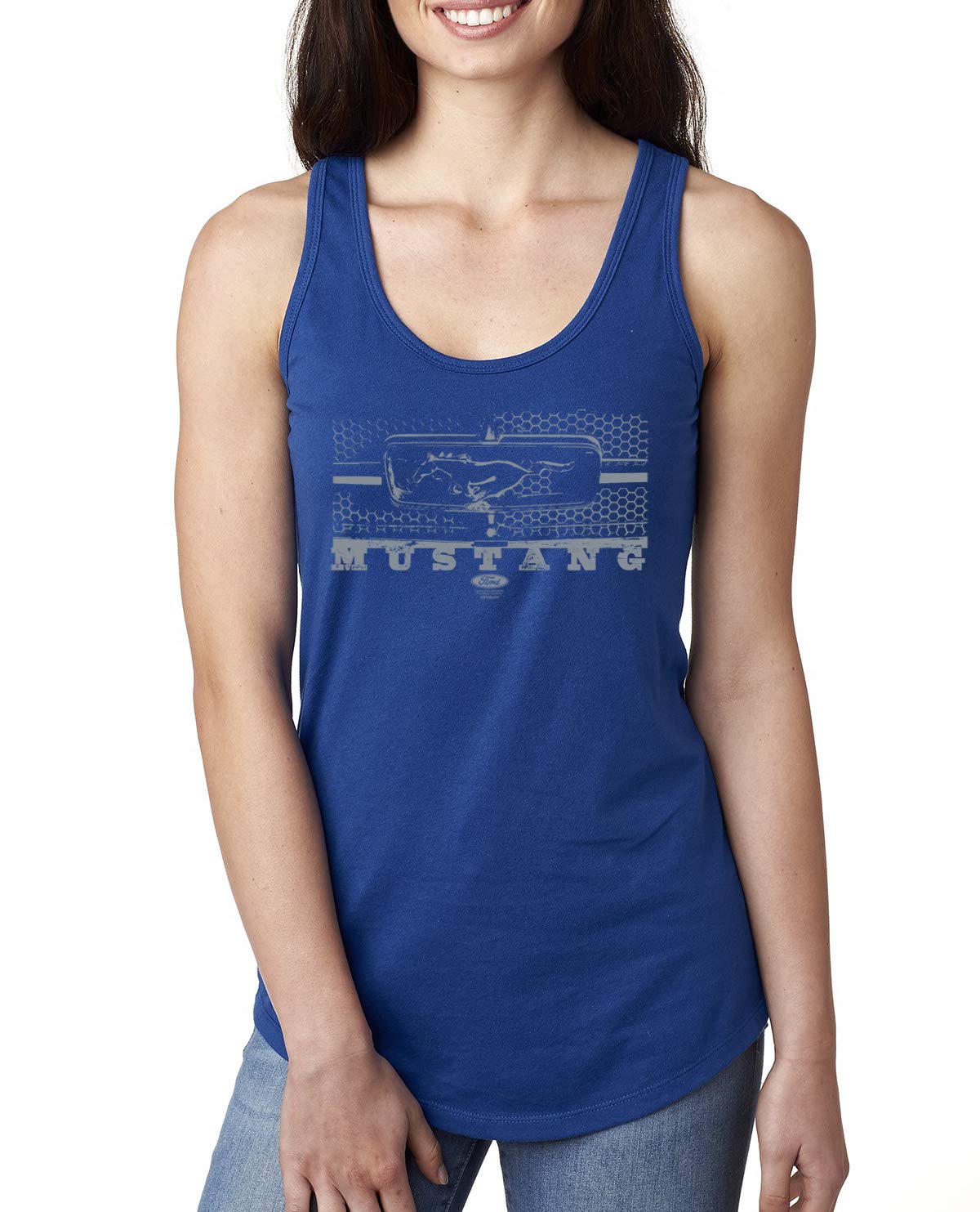 Vintage Ford Mustang Silver Honeycomb Grill Distressed Design Ladies Racerback Tank Top - Retro Car Lover Gift, Casual Summer Outfit, Car Show & Racing Event Apparel