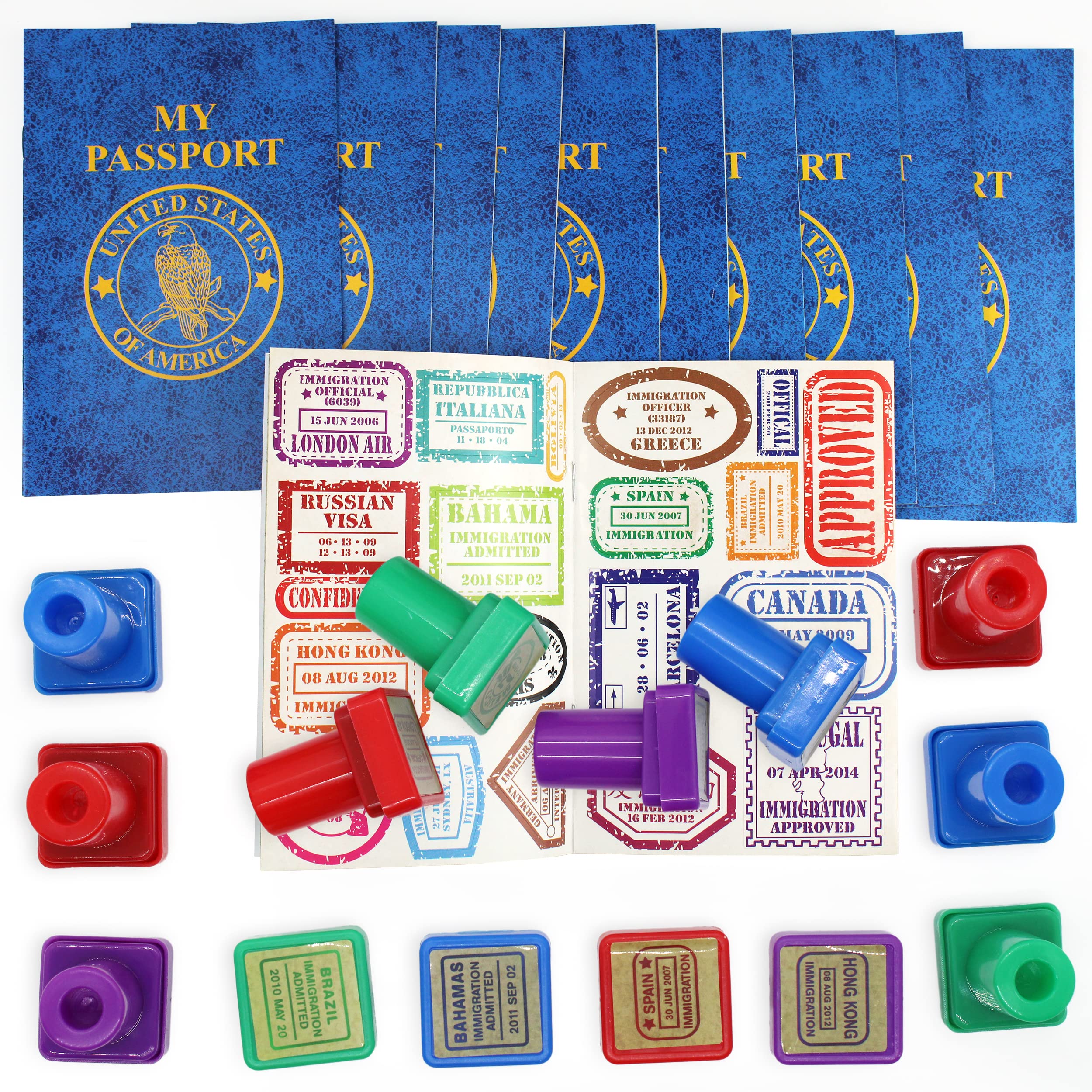 Bottles N Bags 36-Piece Kids Passport Stampers Bundle - 24 Travel Stampers & 12 Mini Passport Books with Stickers | Perfect for Birthday Party Favors, Classroom Rewards, Educational Games & Travel-Themed Activities