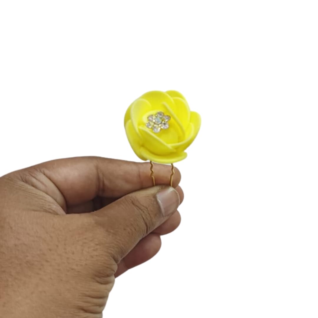 Lightweight Rose Flower Bun Maker & Juda Pins Hair Accessories Set - 12 Pack (Yellow) | Perfect for Updos, Weddings & Everyday Hairstyles