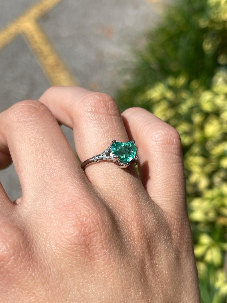 2.03ct Vivid Mint Green Heart Cut Colombian Emerald Solitaire Floral Ring - Elegant Engagement, Anniversary & Wedding Jewelry Gift for Her