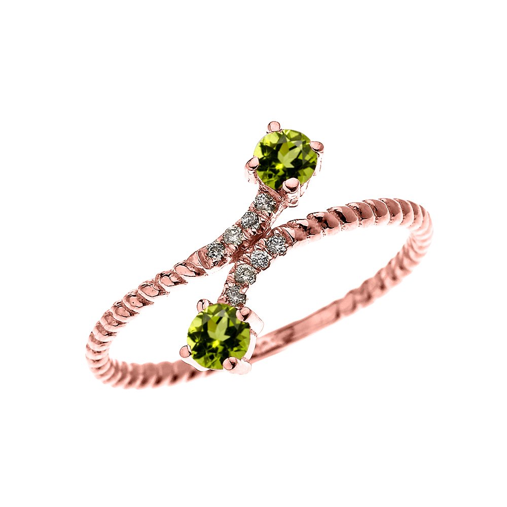10K Rose Gold Dainty Diamond & Two Stone Peridot Rope Design Ring for Women - Elegant Jewelry Gift for Anniversary, Birthday & Special Occasions