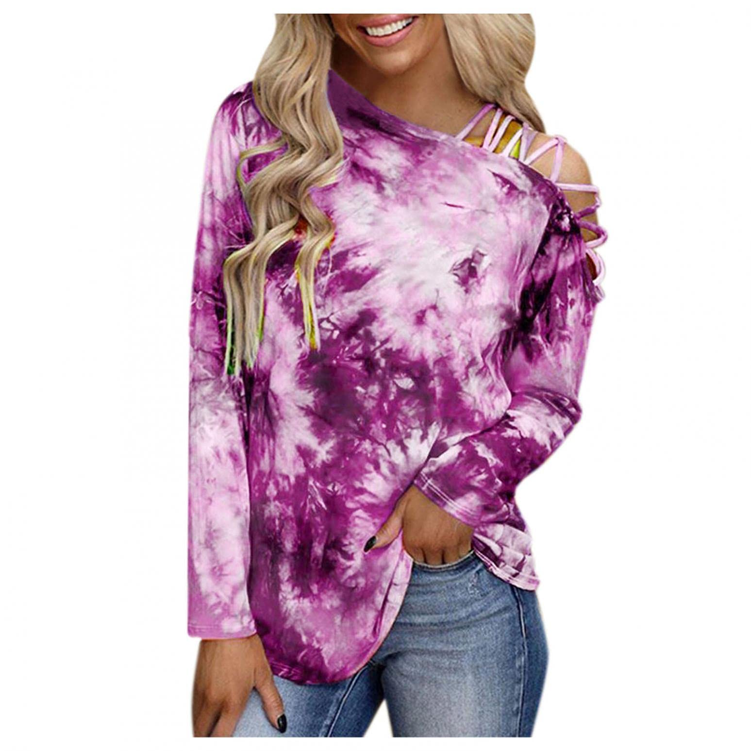 FABIURT Women's Long Sleeve T-Shirt - Fashion Gradient Loose Casual Blouse with Cold Shoulder Design | Perfect for Work, Date Night & Fall Layering