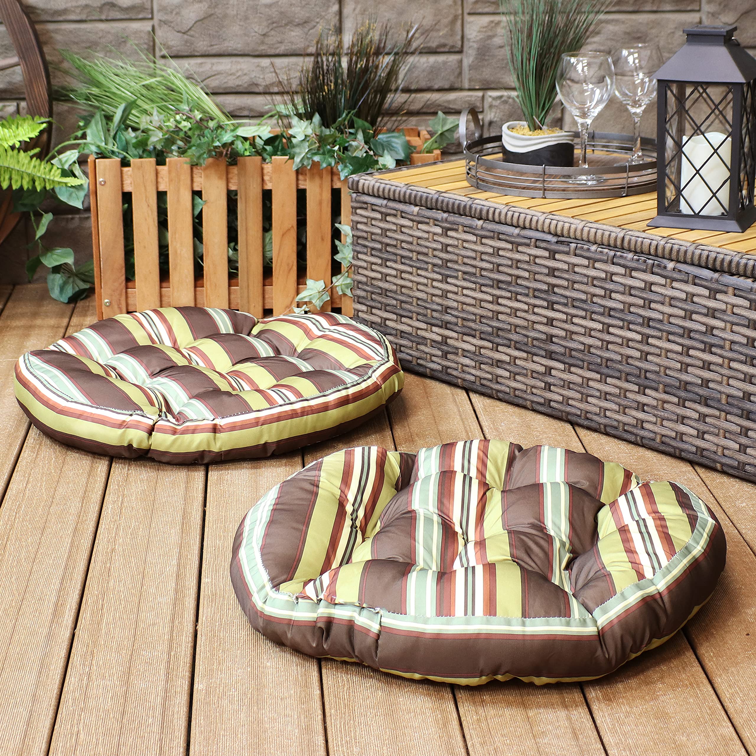 Sunnydaze Tufted Large Round Floor Cushion Set of 2 - 22-Inch Diameter Indoor/Outdoor Chair Cushions & Meditation Pillows - 300D Olefin with Polyester Fill - Chocolate Stripes - Perfect for Patio Lounging, Yoga, and Cozy Home Decor