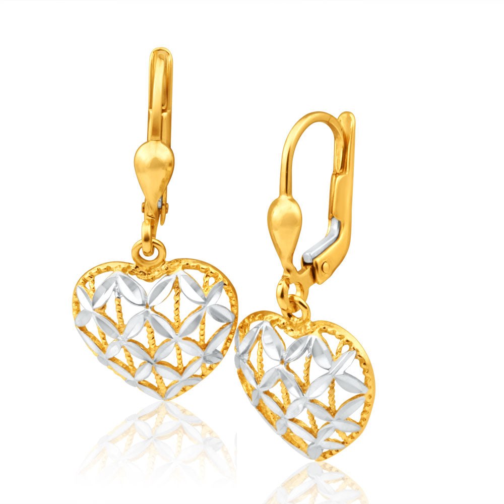 9ct Yellow Gold & White Gold Two Tone Heart Shaped Filigree Drop Earrings for Women - Elegant Dangle Jewelry for Valentine's Day, Anniversary & Special Occasions