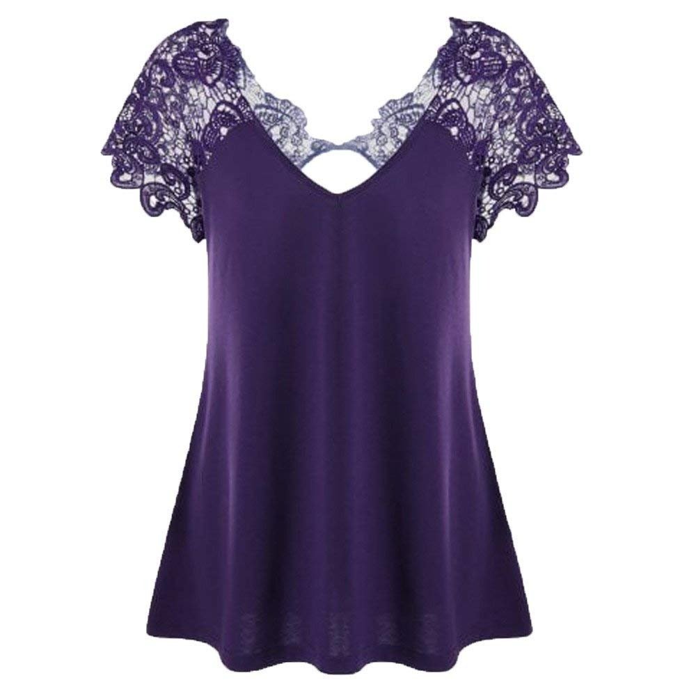 Fashion Plus Size Lace Blouse for Women - Elegant Short Sleeve T-Shirt (3XL, Purple) for Party & Office Wear