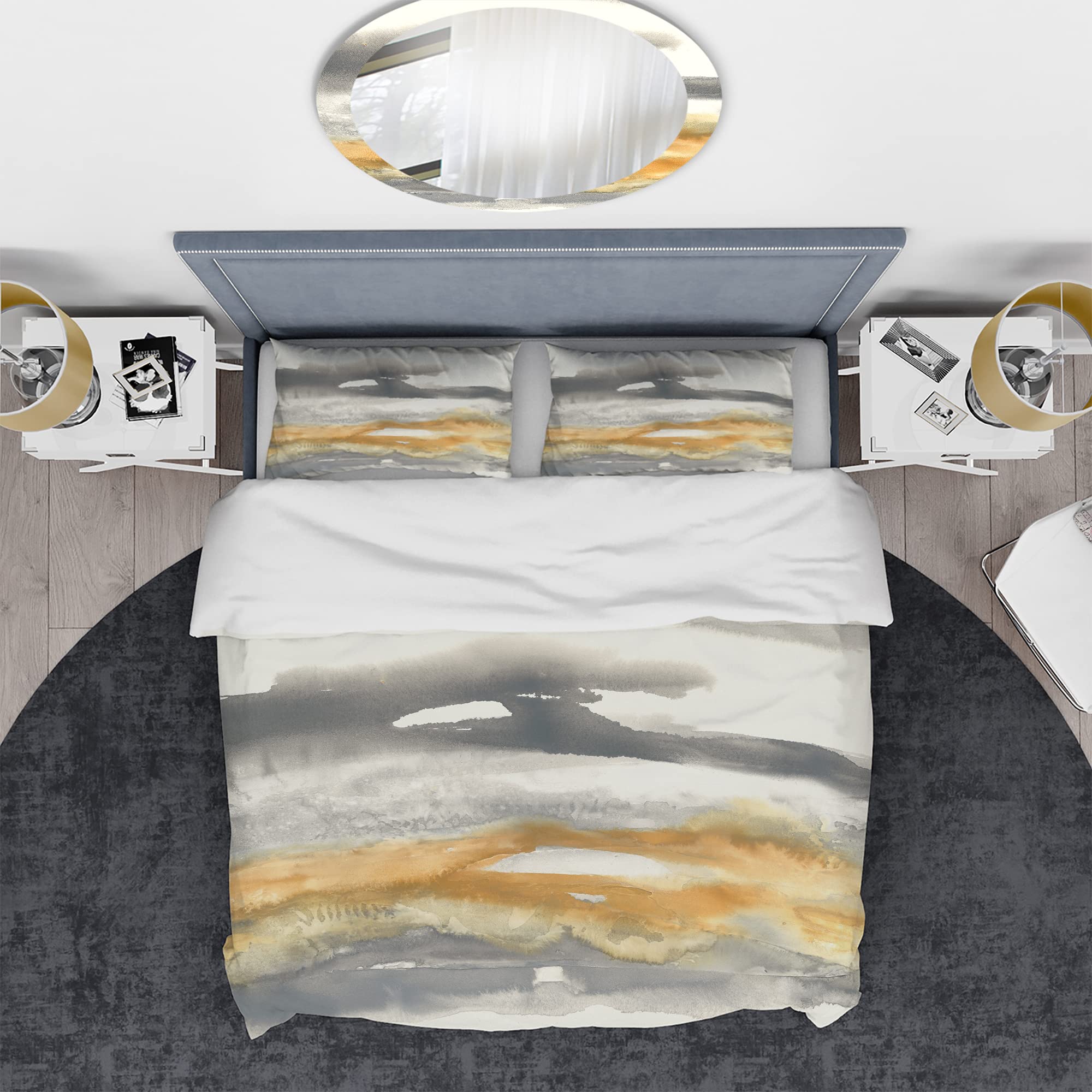 DesignQ Gold Glamour Direction Modern Contemporary Duvet Cover Set - King Size Grey Abstract Bedding 3-Piece Set | All Season Luxury Bedding for Master Bedroom & Guest Room Decor