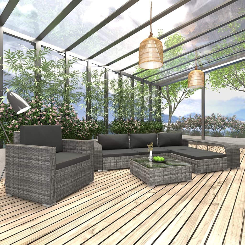 8-Piece Patio Lounge Set with Cushions - Gray Poly Rattan Outdoor Furniture for Porch, Garden, Backyard - Includes Cushioned Seating & Back Sectional - Perfect for Relaxing, Entertaining & Outdoor Conversations