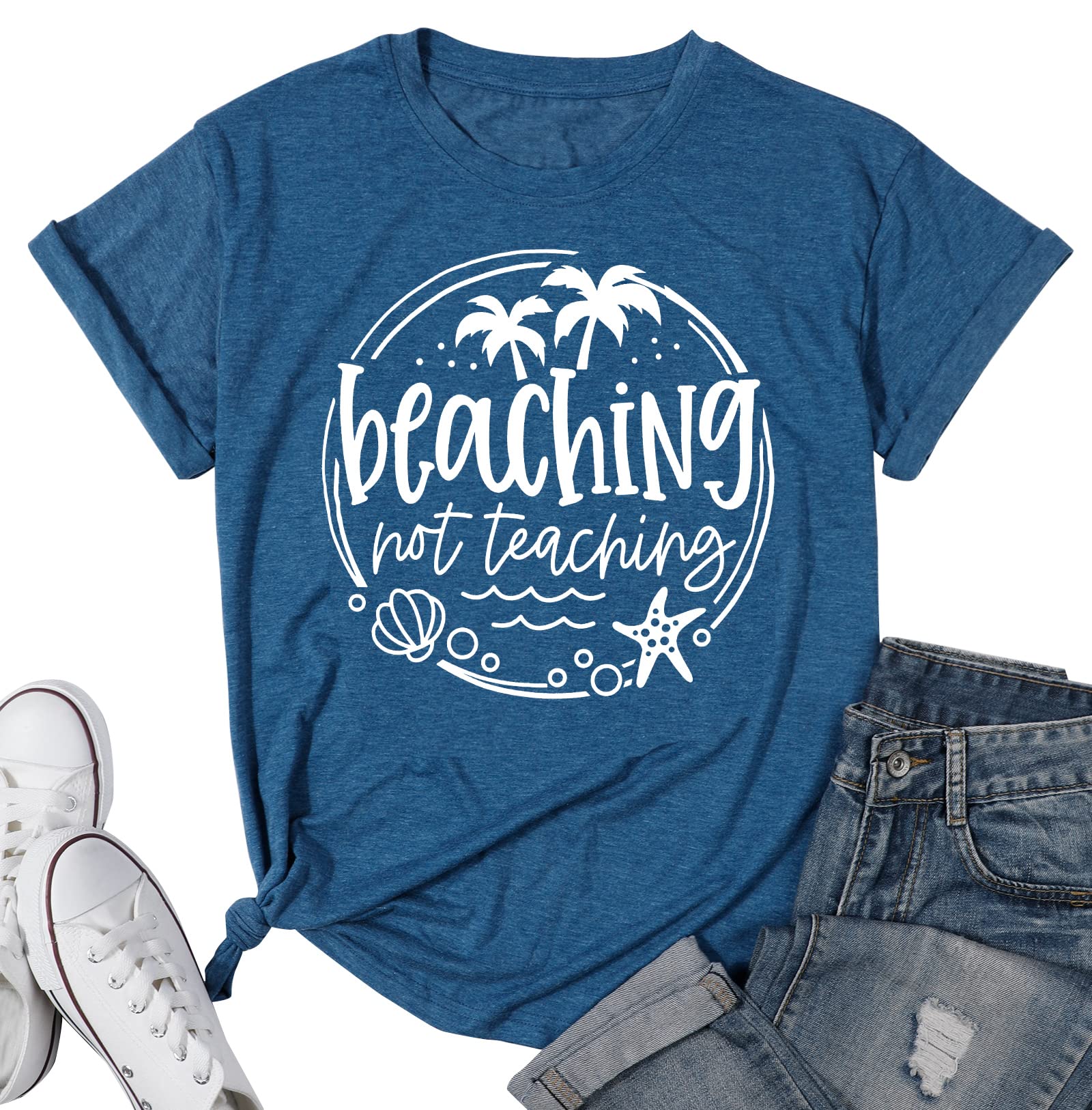 ALLTB Funny 'Beaching Not Teaching' Women's T-Shirt - Summer Teacher Break Tee, Casual Short Sleeve Top - Perfect Teacher Gift for Vacation & Relaxation