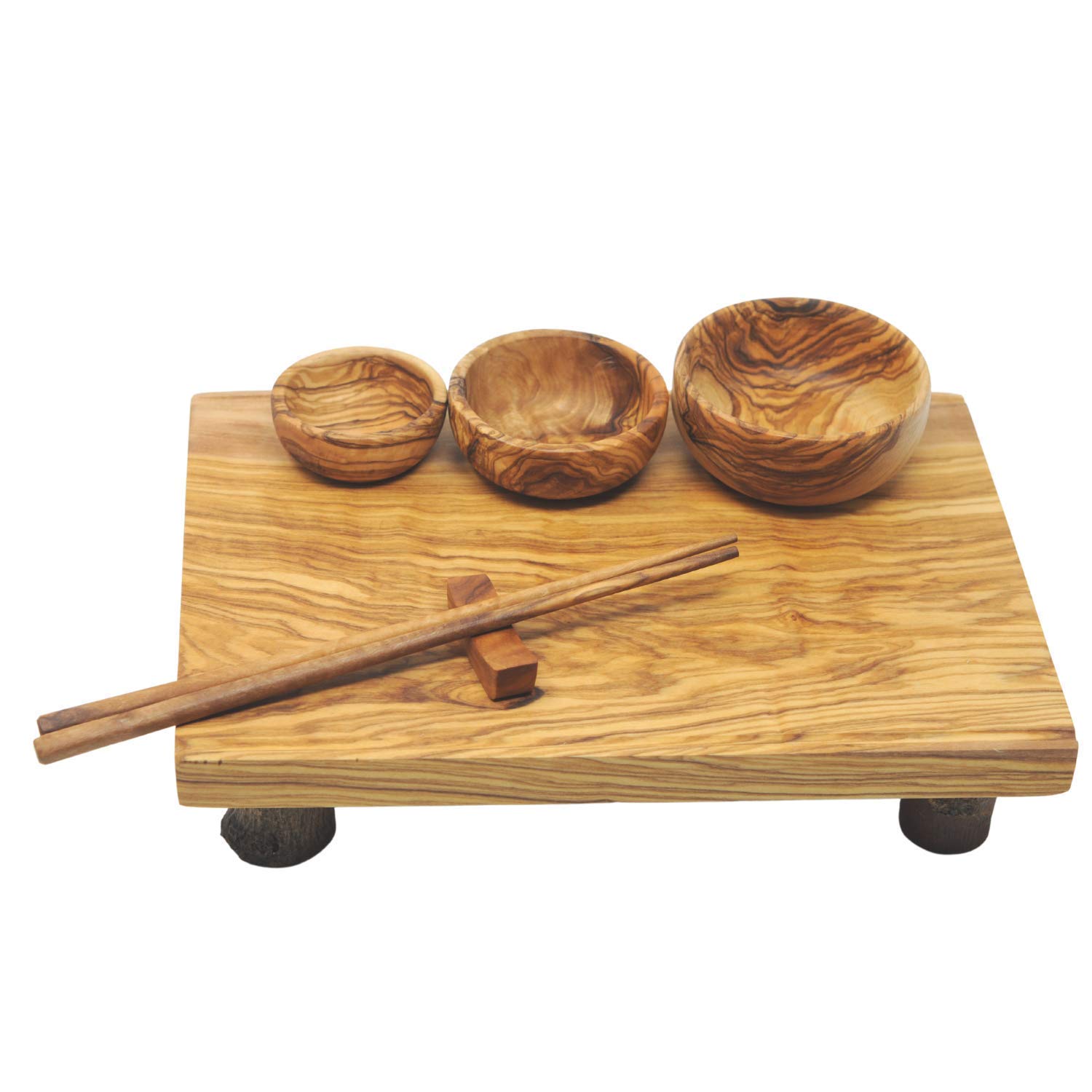 Premium Olive Wood Sushi Serving Set - 3 Nested Bowls, 11