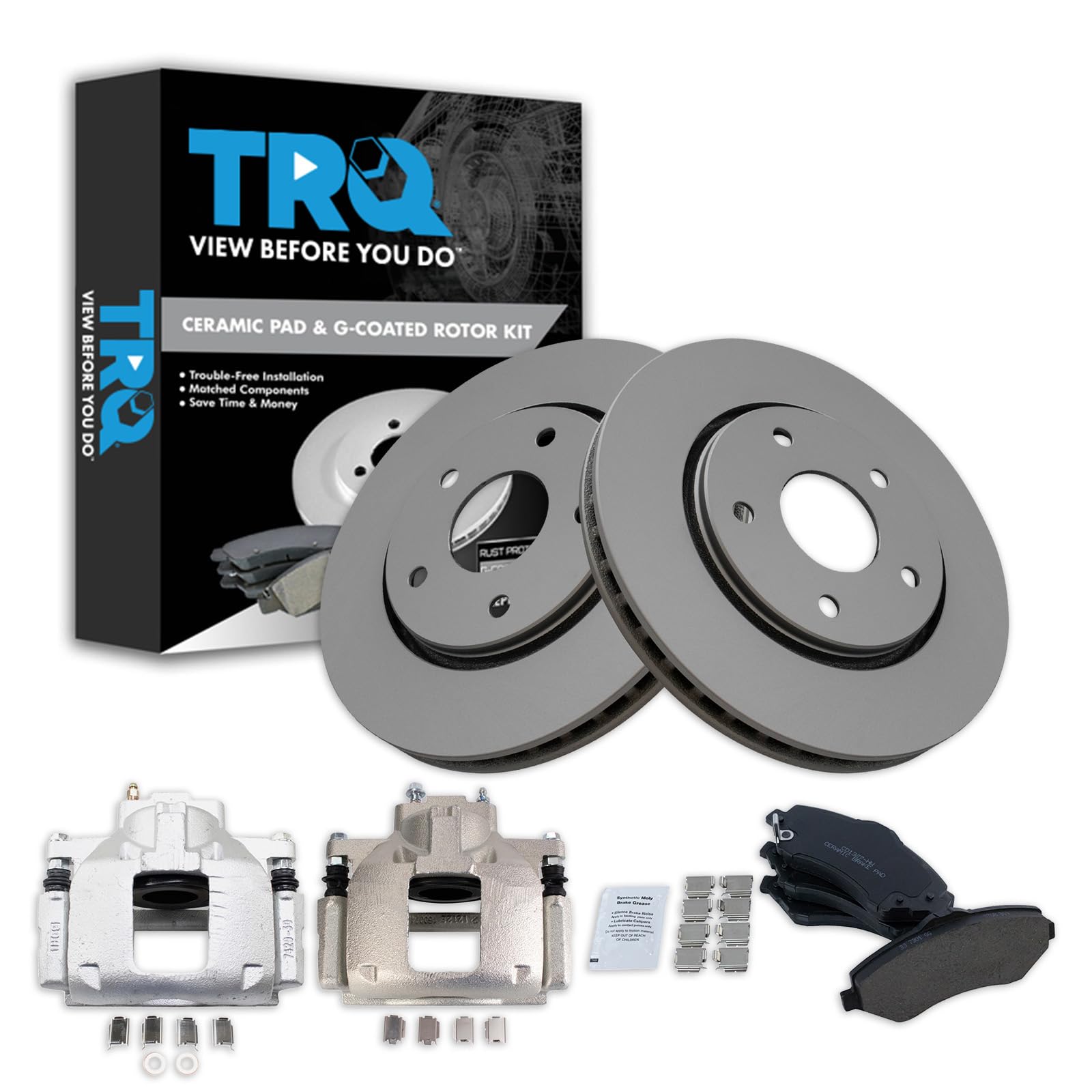TRQ Front Ceramic Brake Pads & Coated Rotor Caliper Kit for Dodge Caravan Routan - High Performance Braking System for City Driving & Highway Safety