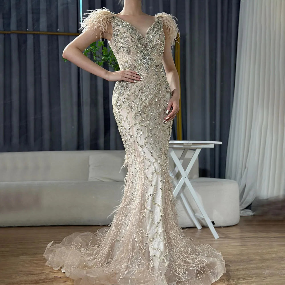 Elegant Champagne Mermaid Evening Dress with Diamond Feathers - Sleeveless Formal Beaded Gown for Women | Perfect for Prom, Wedding Guest & Black Tie Events - LA70350