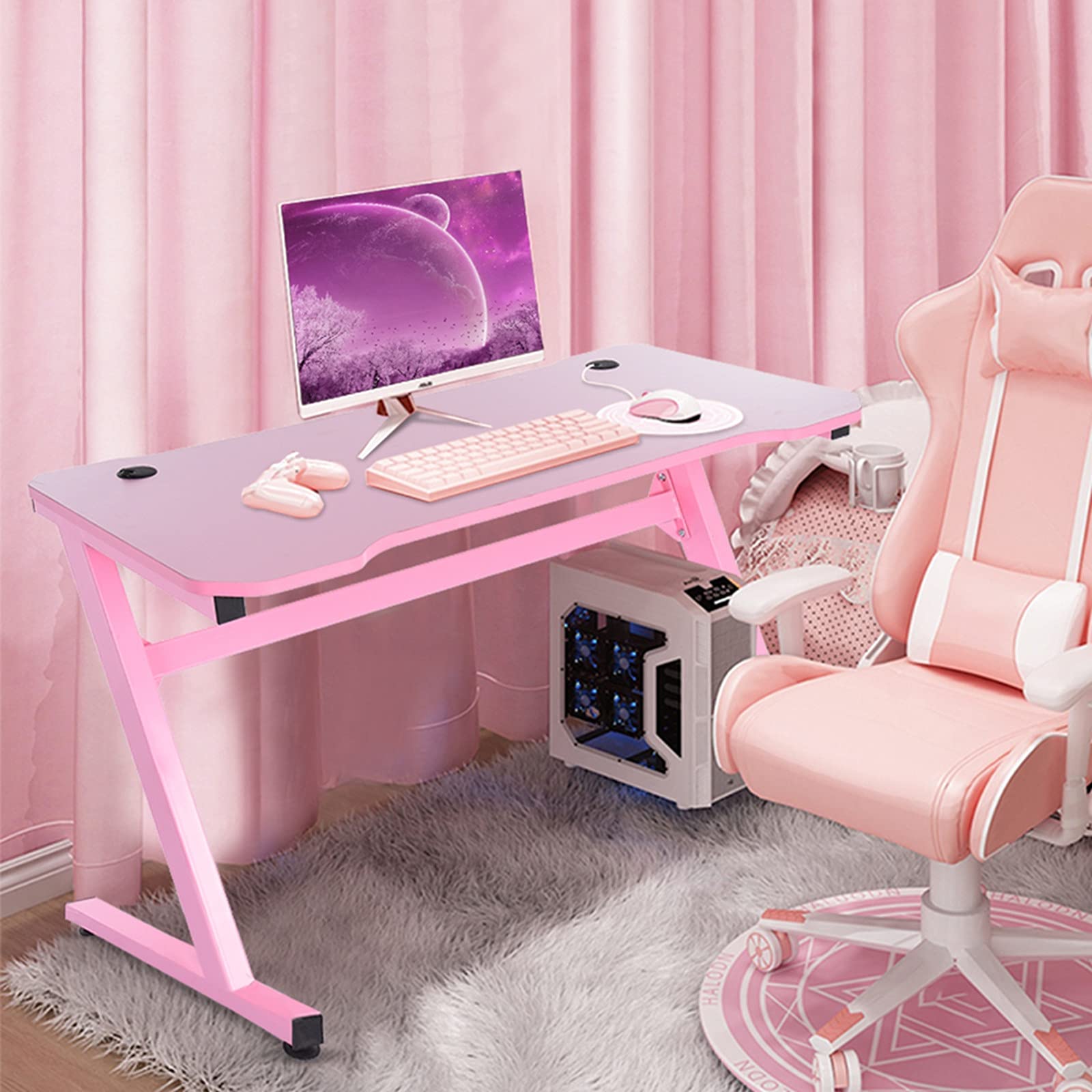 47.2 Inch Pink Gaming Desk - Ergonomic Z-Shaped Computer Table for Home Office & Gaming Workstation | Perfect for PC Gaming, Streaming & Remote Work (Pink)