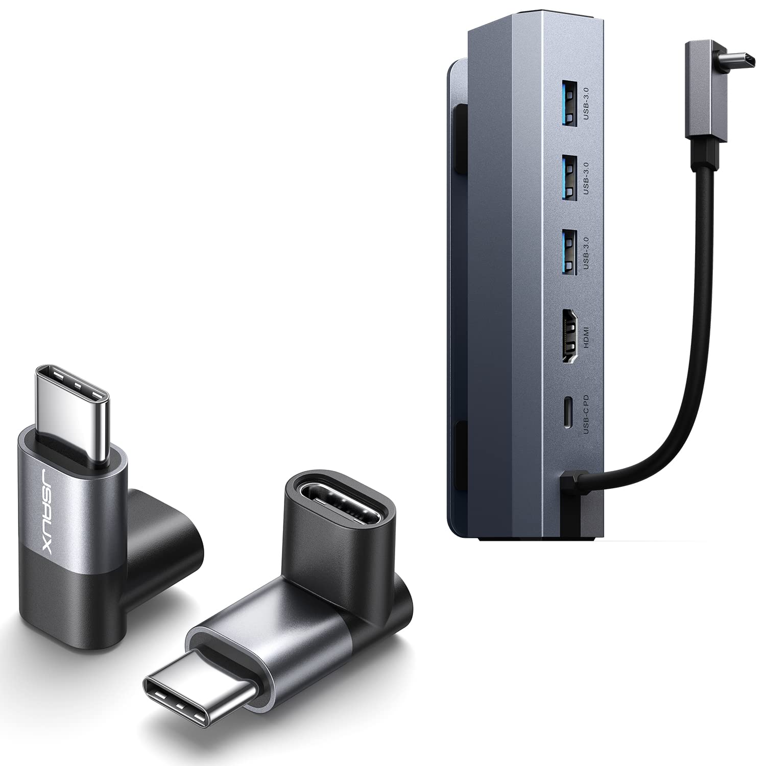 JSAUX 90 Degree USB-C Male to Female Adapter with HB0603 Docking Station - Perfect for Steam Deck Gaming, Work & Travel | Fast Charging & Data Transfer | Compact Design for On-the-Go Use