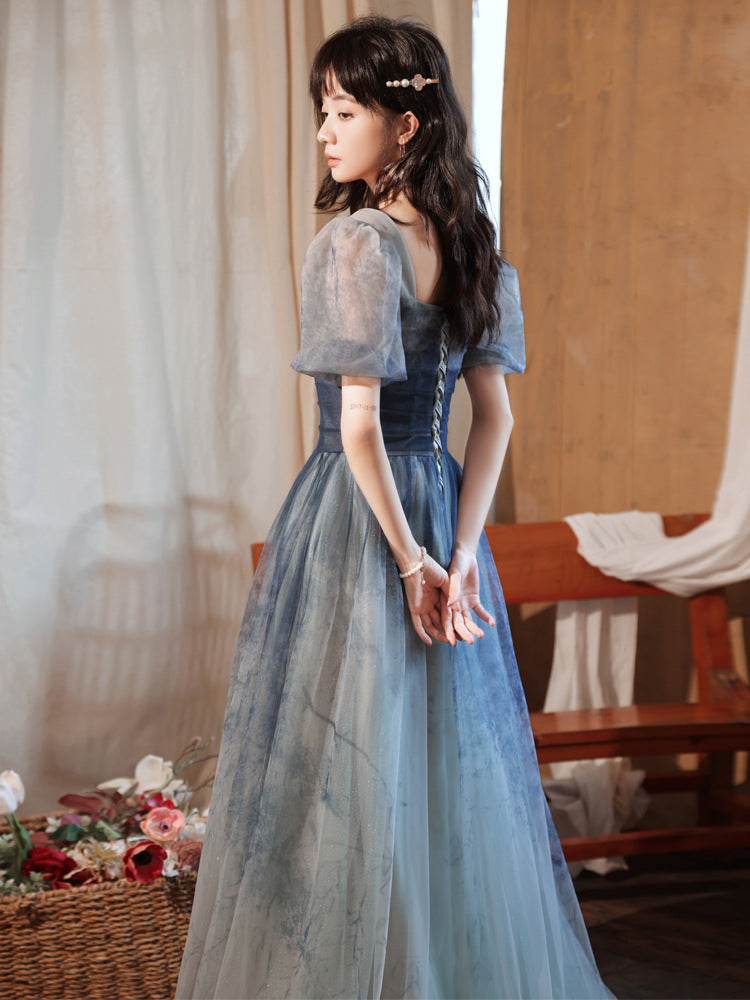Gradient Blue A-Line Prom Dress with Short Sleeves - Elegant Formal Party Gown for Homecoming, Wedding Guest & Special Occasions
