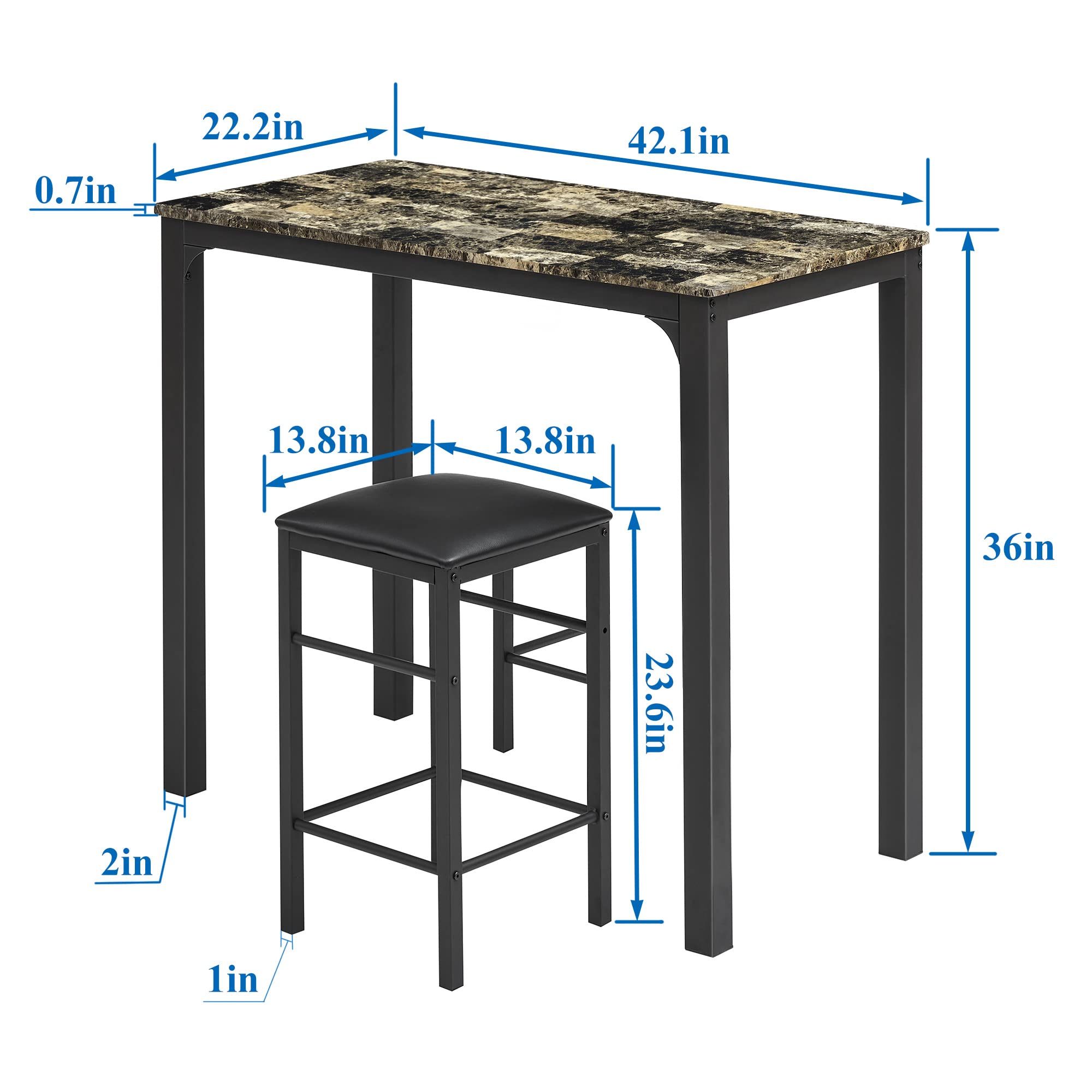 VECELO 3-Piece Retro Black Bar Table Stools Set - Rectangular Kitchen Height Pub Table with Stools for Dining, Living Room, Party & Bistro - Perfect for Small Spaces, Breakfast Nook & Entertaining Guests