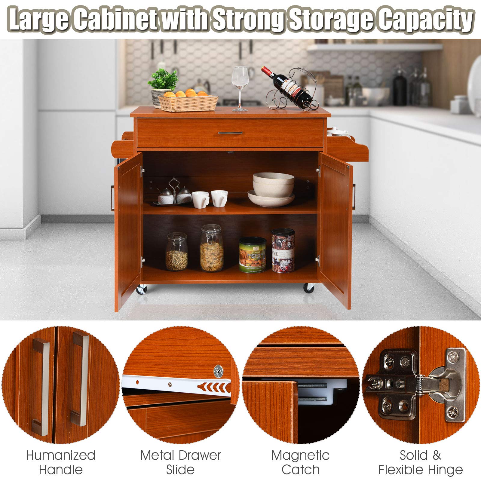 Giantex Rolling Kitchen Island Cart with Spice Rack, Towel Holder, Large Drawer & 2-Door Cabinet - Lockable Wheels, Wooden Trolley with Spacious Tabletop (Cherry) - Perfect for Small Kitchens, Food Prep, Storage & Serving