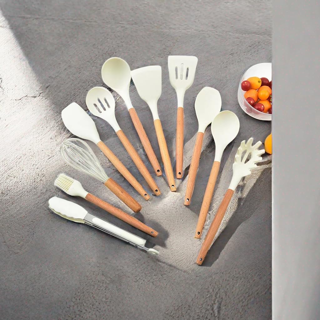 Premium Silicone Kitchen Utensils Set - 12-Piece Heat Resistant Nonstick Cooking Tools with Spatula, Spoon & More (White) - Ideal for Baking, Frying & Everyday Cooking