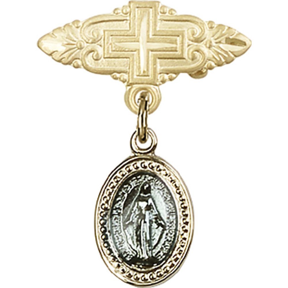 Gold Filled Baby Badge with Blue Miraculous Charm & Cross Pin - 1 x 3/4 Inch - Perfect for Baptism Gifts, Christening Jewelry & Baby Keepsakes