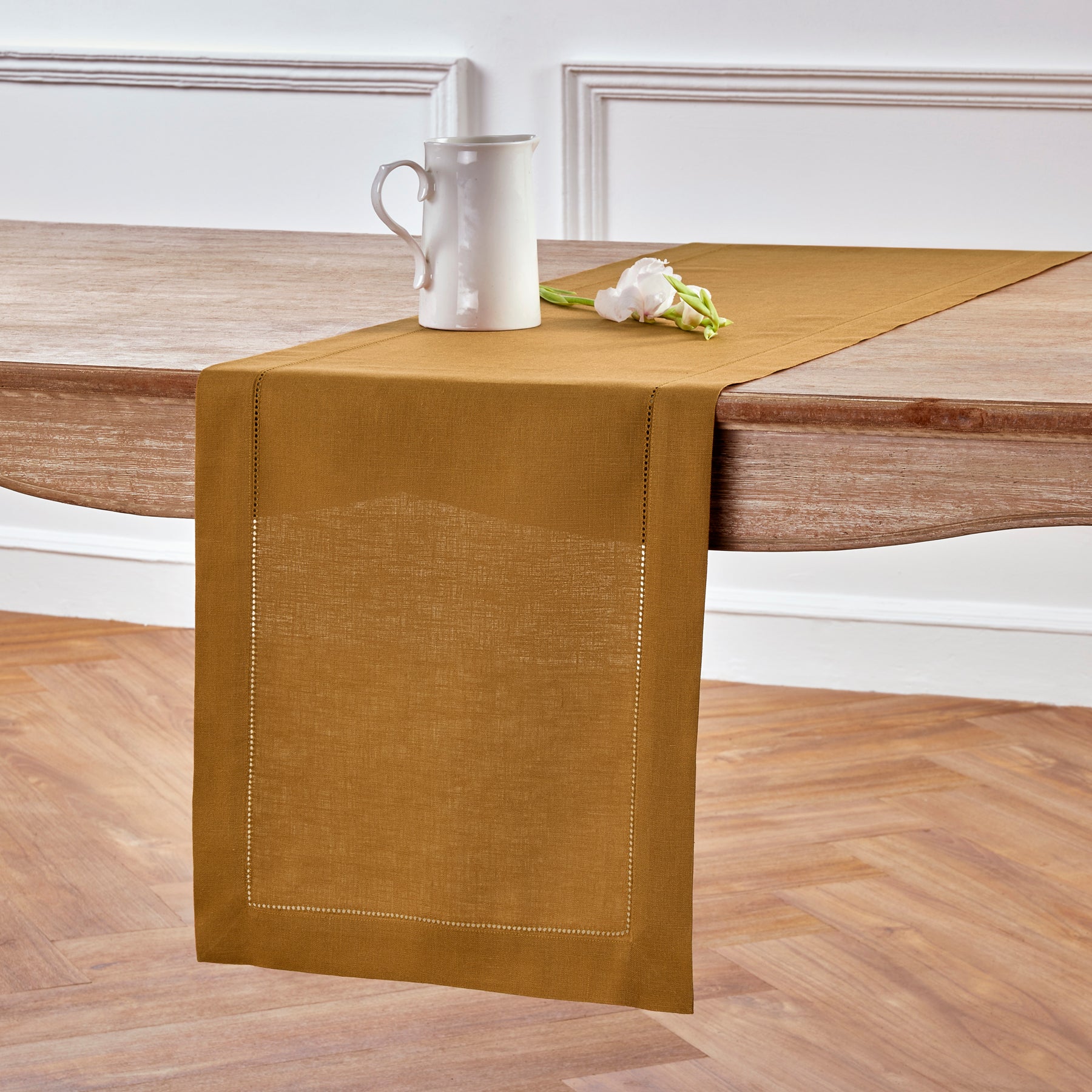 Elegant Classic Hemstitch Table Runner - White Linen Dining Table Decor for Weddings, Holidays & Home Decor