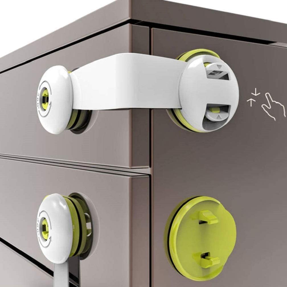 Child Safety Locks 5-Pack - Strong Adhesive Baby Proof Cabinet Locks for Kitchen Cabinets, Drawers, Fridge, Oven & Appliances - Secure Closet, Trash Bins & More - Eco-Friendly Green (Perfect for Baby Proofing Homes & Child Safety)