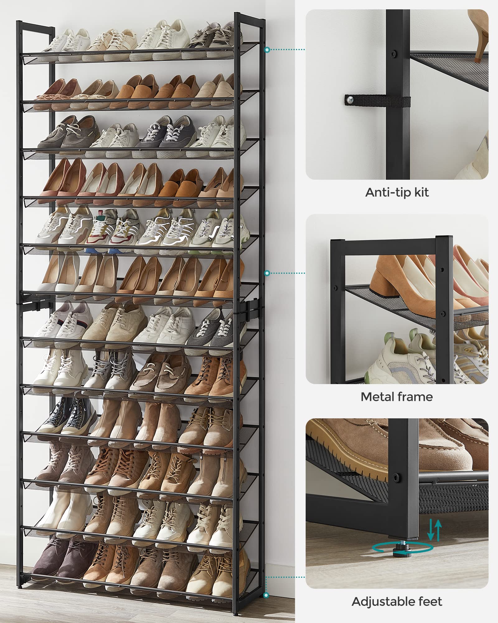SONGMICS 12-Tier Metal Shoe Rack Organizer - Stackable Shoe Storage Shelf for Entryway, Garage & Closet - Adjustable Flat/Angled Shelves Holds 48-60 Pairs (Set of 2, Black ULMR12B) - Perfect for Small Spaces & Shoe Collection Organization